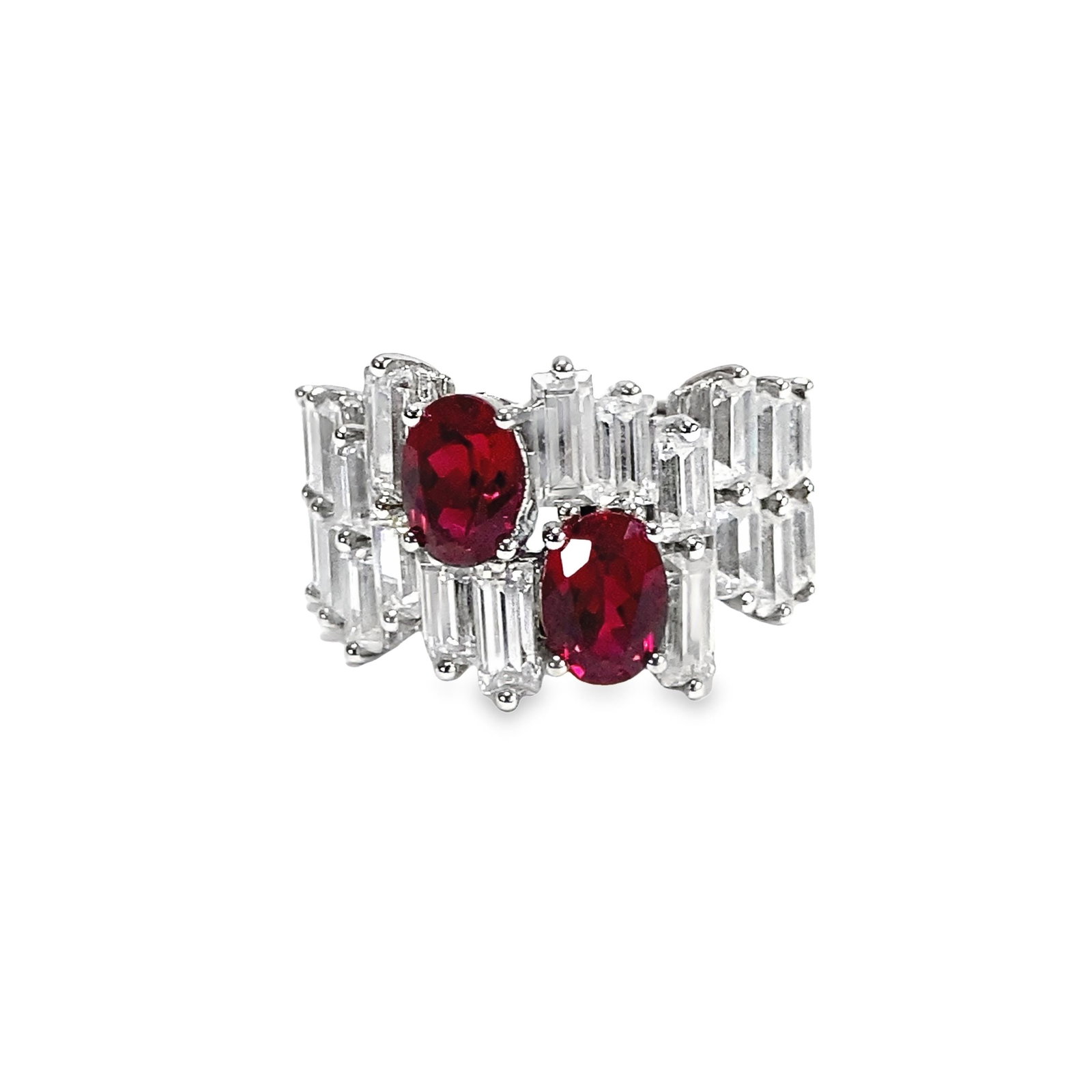 LAB RUBY, DIAMOND AND STERLING SILVER RING - 4