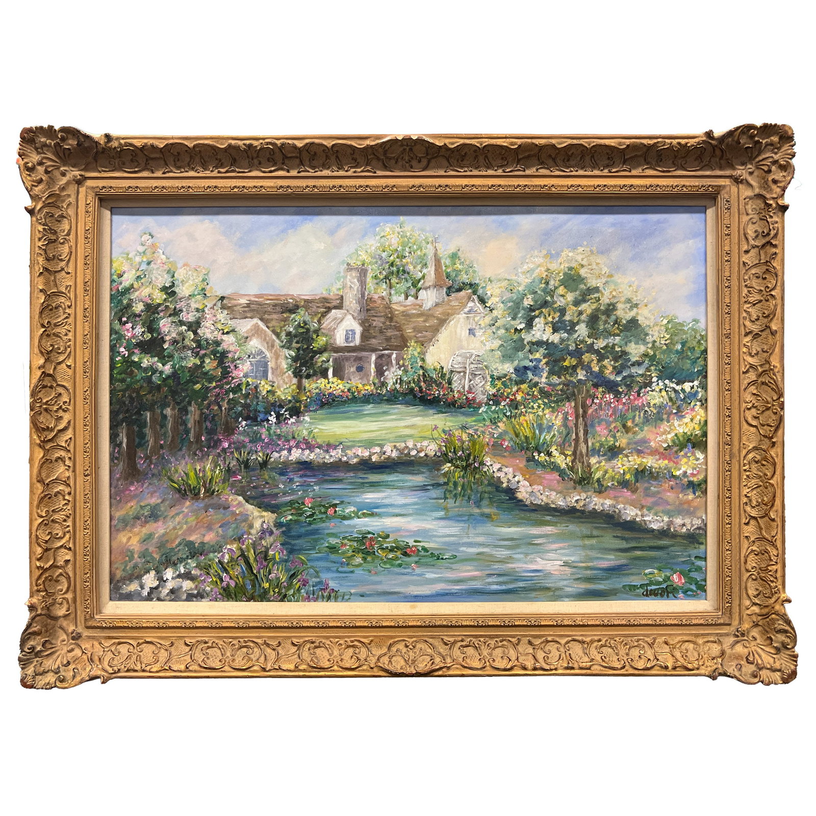 PAINTING, EUROPEAN SCHOOL: European School, Cottage Garden with Pond, oil on canvas, signed lower right. Image: 23.62"h x 35.43"w (60 x 90 cm), Overall with frame: 31.5"h x 43.31"w (80 x 110 cm)