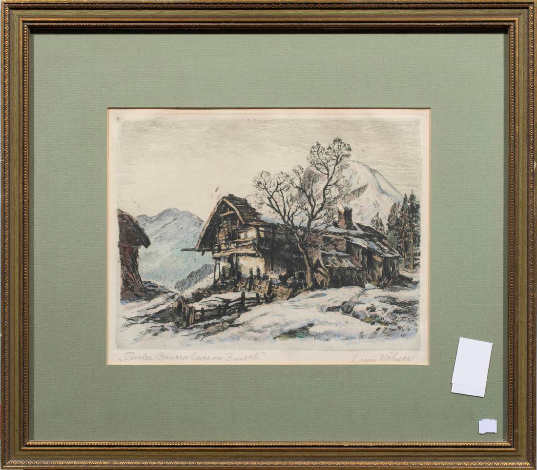 PRINT, LOUIS WOHNER (GERMAN, 1888-1958): Louis Wohner (German, 1888-1958), "Tiroler Bauernhaus" etching with color, pencil signed lower right, titled lower left. Overall with frame: 17.75"h x 20.25"w (45.09 x 51.44 cm) Provenance: Property f