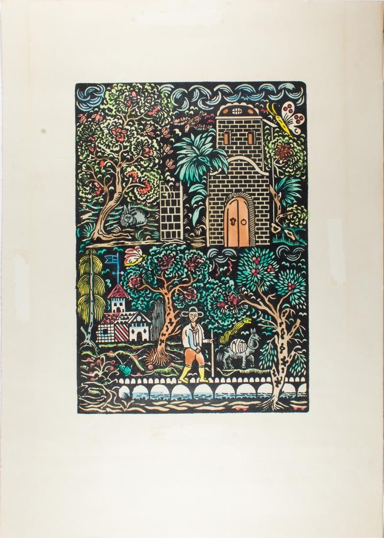 PRINT, SWISS SCHOOL (20TH CENTURY): Swiss School (20th century), Farmer, linocut, unsigned, sheet (unframed): 19"h x 13.75"w (48.07 x 34.8 cm).