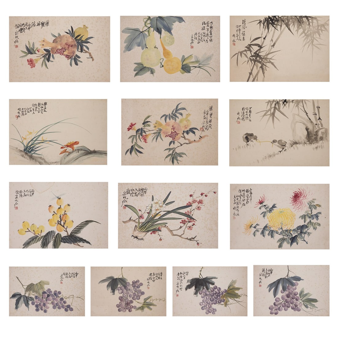 SONG XIAOHENG, FLOWERS AND GRAPES: (lot of 13) Song Xiaoheng, flowers and grapes. Ink and color on cardboard. 11.81"h x 17.91"w (30 x 45.5 cm)