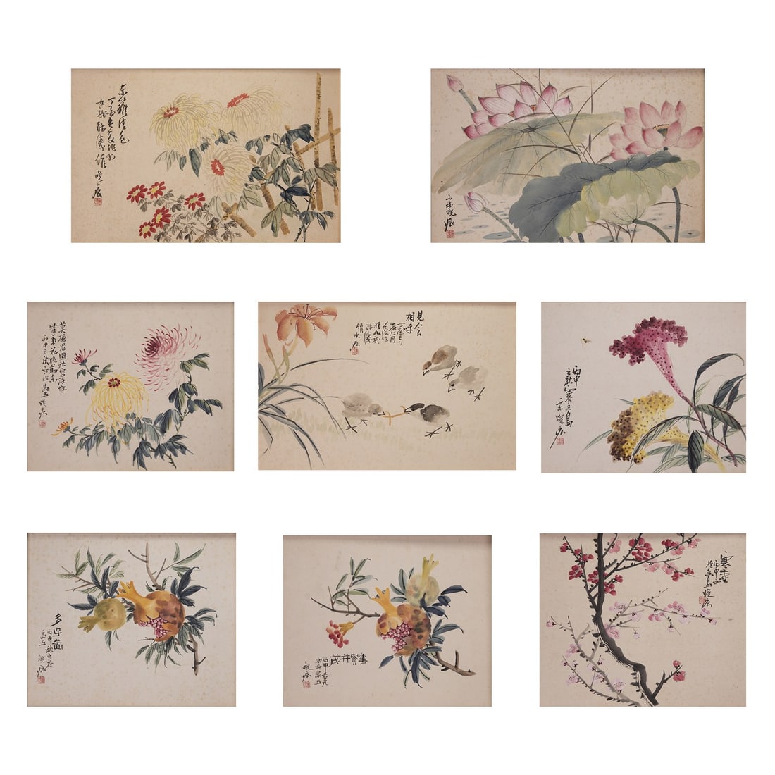 SONG XIAOHENG, FLOWERS: (lot of 8) Song Xiaoheng, Flowers. Ink and color on cardboard, framed. 12.01"h x 18.11"w (30.5 x 46 cm) (x8)