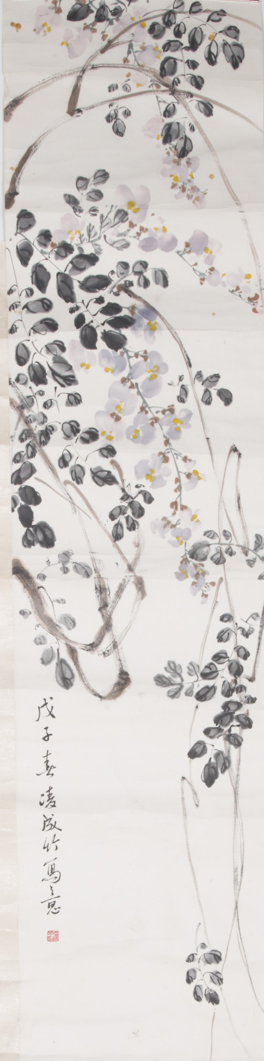 LIN YOUZHU (1912-1968), CHINESE PAINTING SCROLL OF FLOWER: Lin Youzhu (1912-1968), Chinese painting scroll of flower. Ink and color on paper, hanging scroll. 46.06"h x 10.63"w (117 x 27 cm)