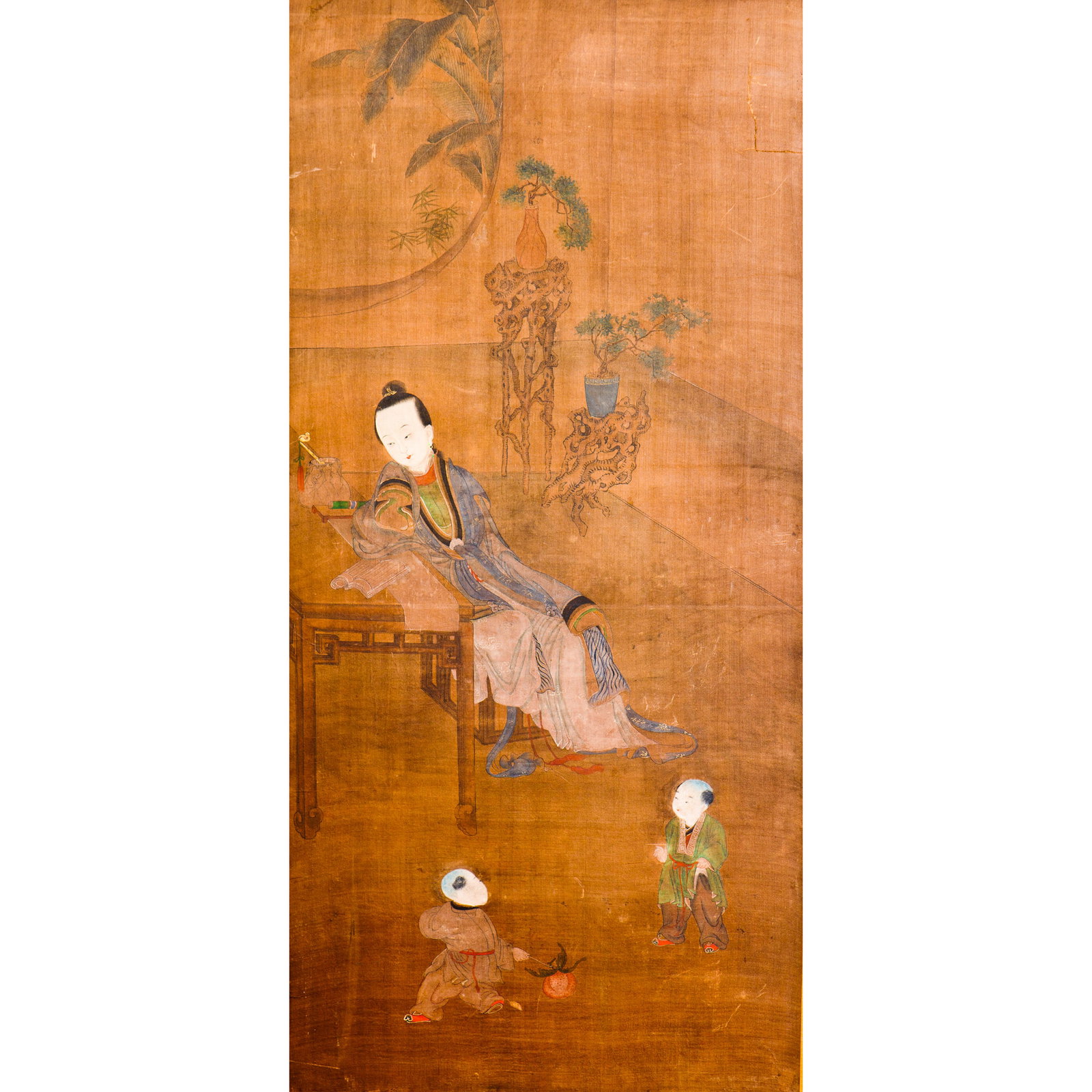 ANONYMOUS (QING DYNASTY), CHINESE PAINTING OF A LADY: Anonymous (Qing Dynasty) - Chinese Painting of a Lady. Anonymous (Qing Dynasty), Chinese painting of a lady, ink and color on silk, mounted and framed. Image: 45.28"h x 21.65"w (115 x 55 cm), Overall