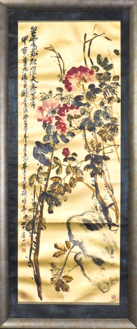 AFTER WU CHANGSHUO (1844-1927), FLOWERS: After Wu Changshuo (1844-1927), Flowers, ink and color on paper, signed and framed. 56"h x 20"w (142.24 x 50.8 cm)