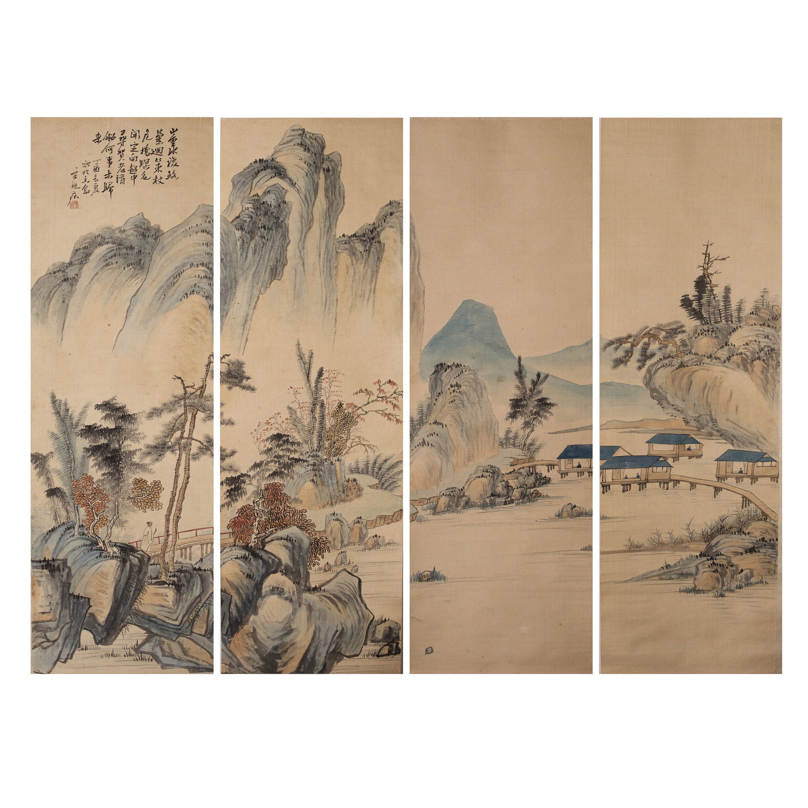 SONG XIAOHENG, LANDSCAPE: (lot of 4) Song Xiaoheng, Landscape. Ink and color on paper, hanging scroll. 42.91"h x 12.99"w (109 x 33 cm) (x4)