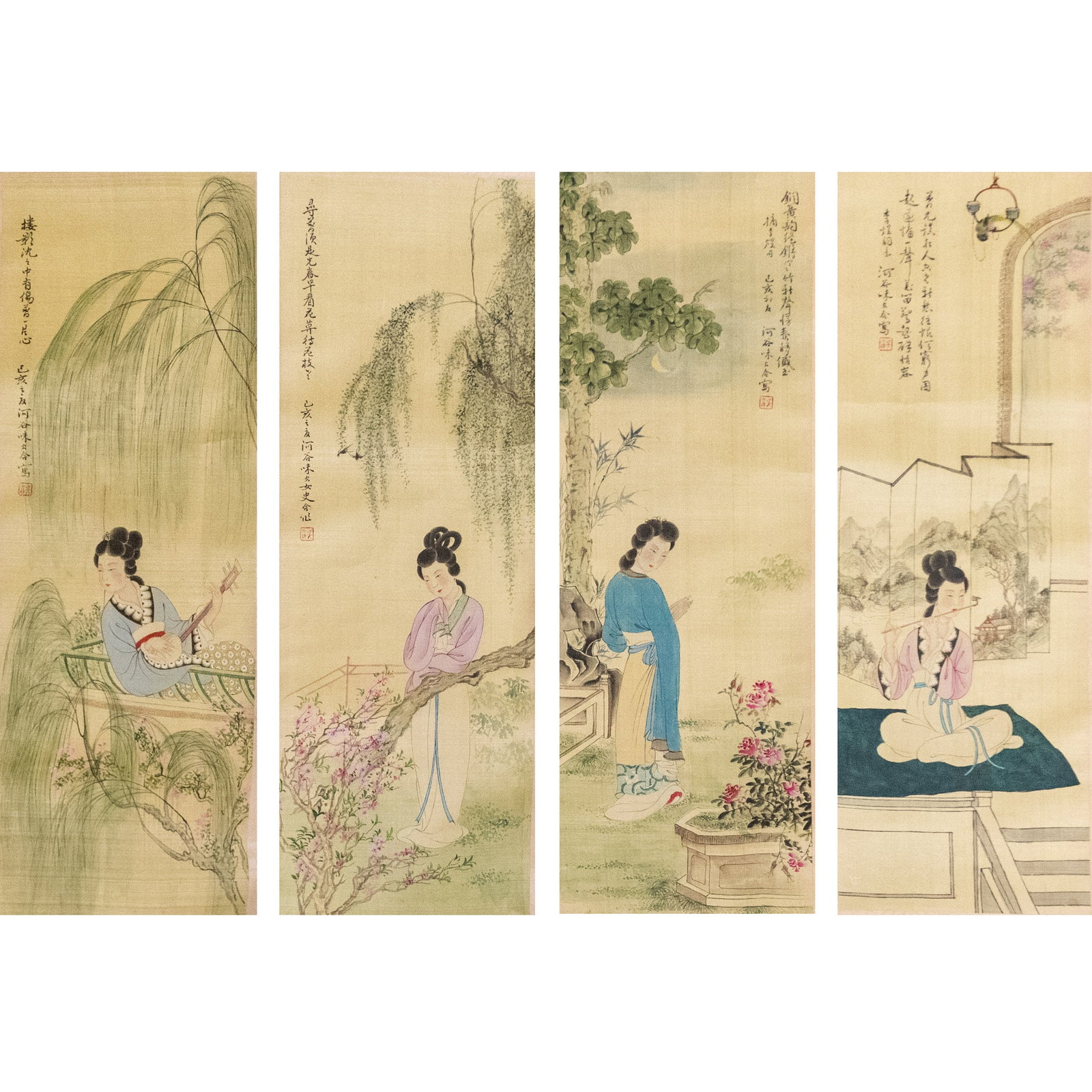 ANONYMOUS, CHINESE PAINTING OF LADY: (lot of 4) Anonymous, Chinese Painting of Lady, ink and color on silk, hanging scroll. 24.8"h x 8.27"w (63 x 21 cm) (x4)