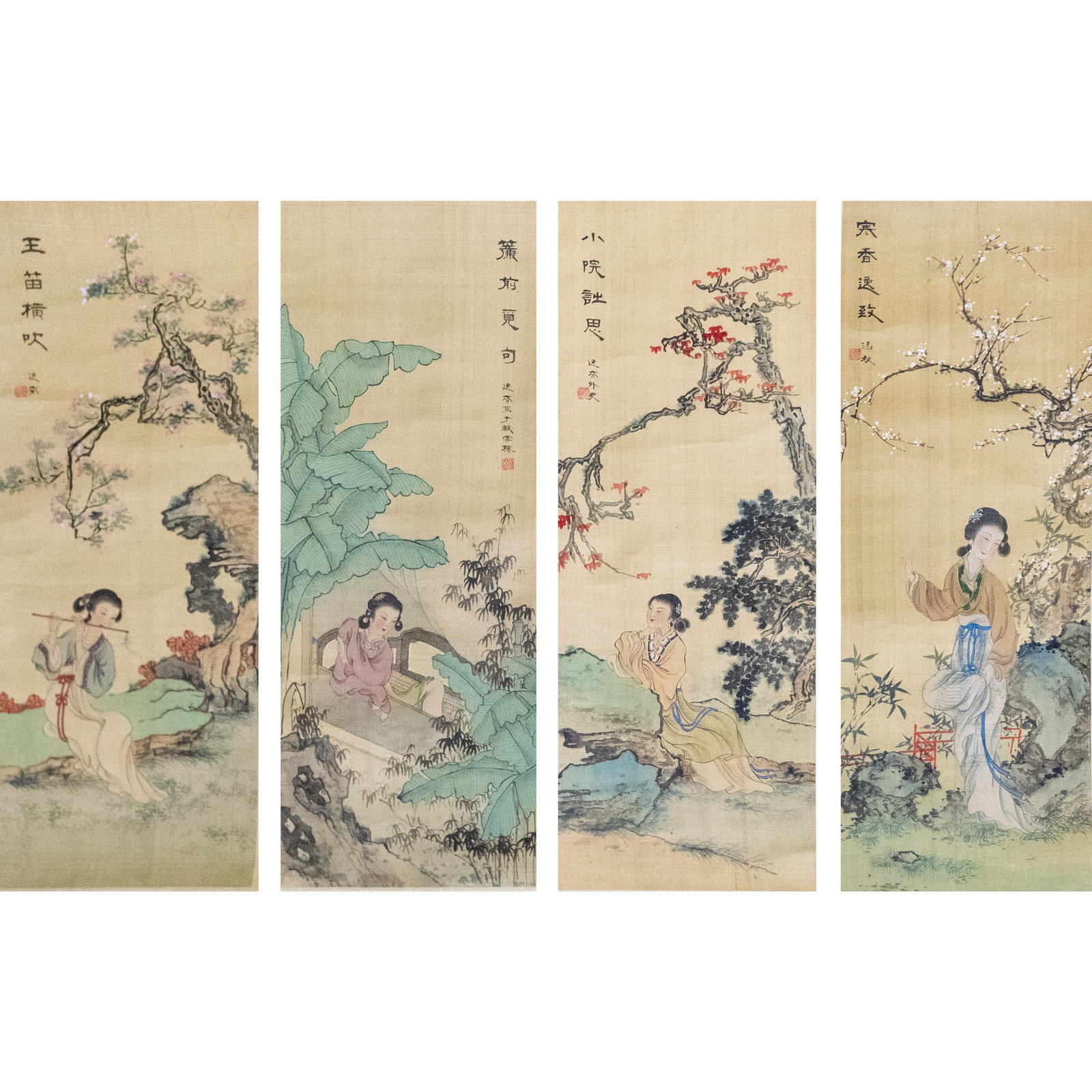 ANONYMOUS, CHINESE PAINTING OF LADY: (lot of 4) Anonymous, Chinese Painting of Lady, ink and color on silk, hanging scroll. 23.62"h x 8.66"w (60 x 22 cm) (x4)