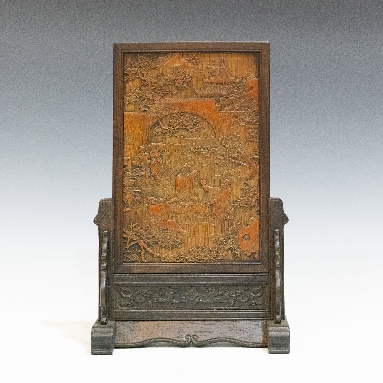 A CHINESE BAMBOO CARVED PLAQUE WITH WOOD FRAME AND STAND (1 of 6)
