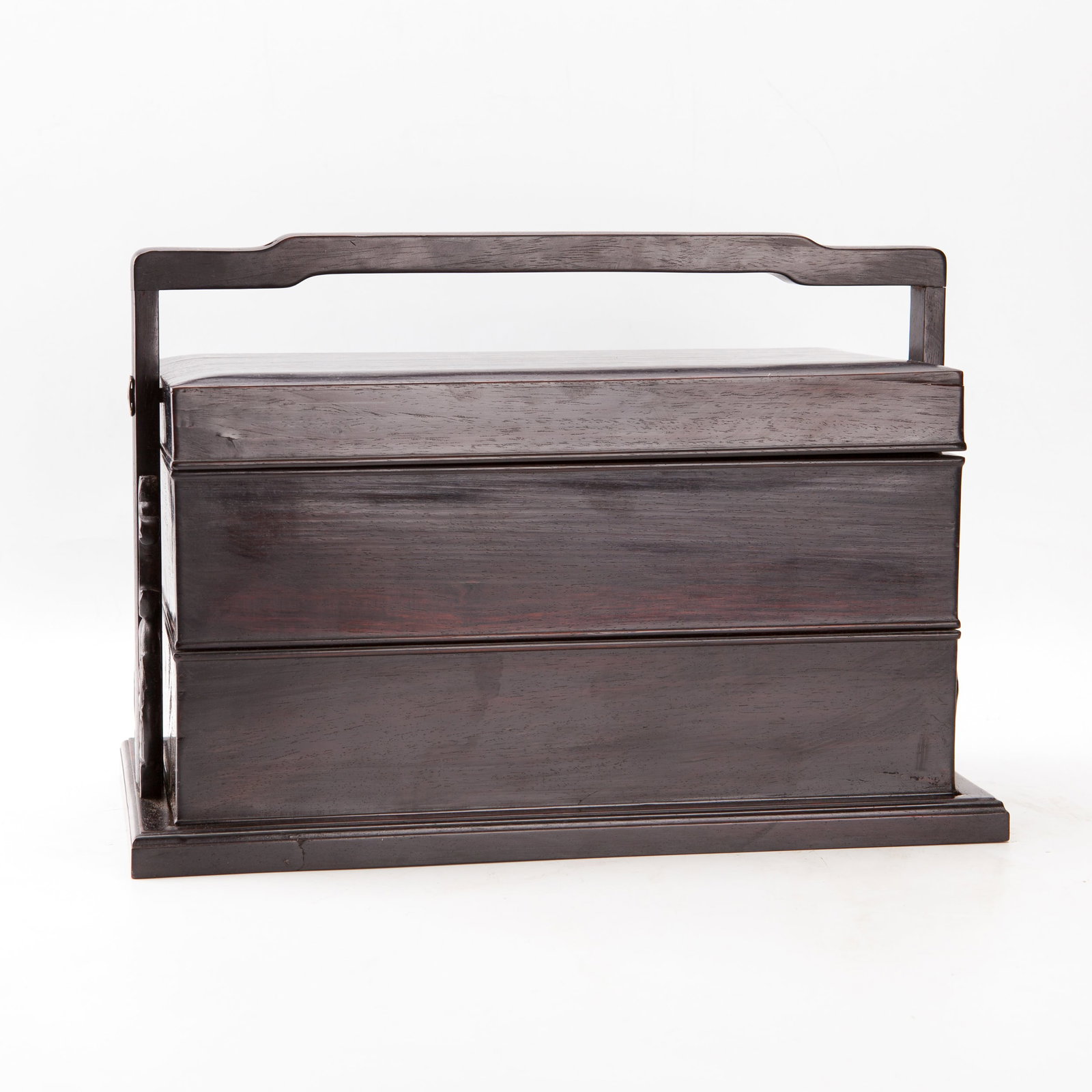 CHINESE ZITAN WOOD FOOD CONTAINERS: Chinese Zitan wood cuboid-shaped food containers with an upright handle, with two tiers and one lid. 10"h x 7.75"w x 14.25"l (25.4 x 19.69 x 36.2 cm)