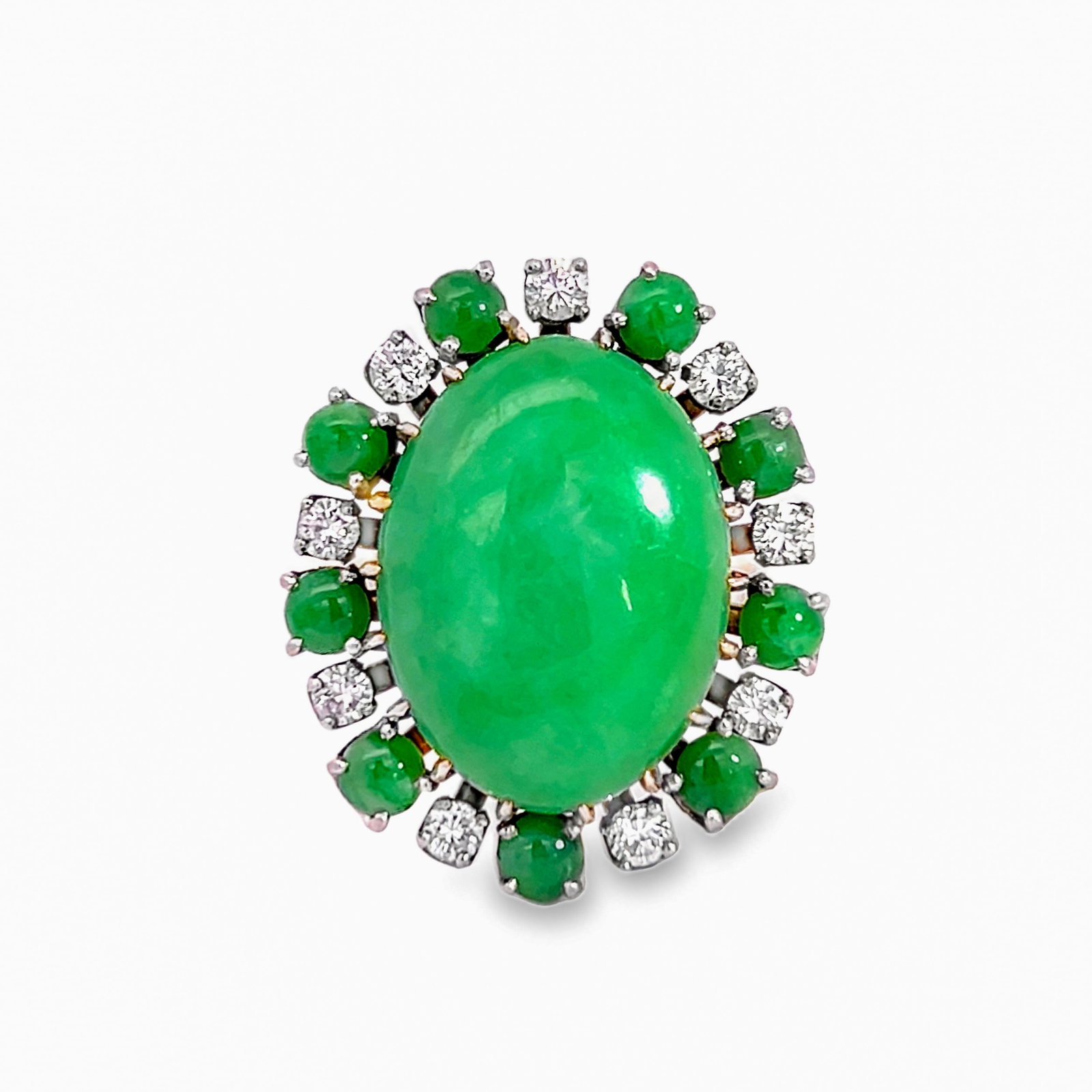 AUTHENTIC JADEITE CABOCHON, DIAMOND AND 14K GOLD HALO RING (1 of 5)