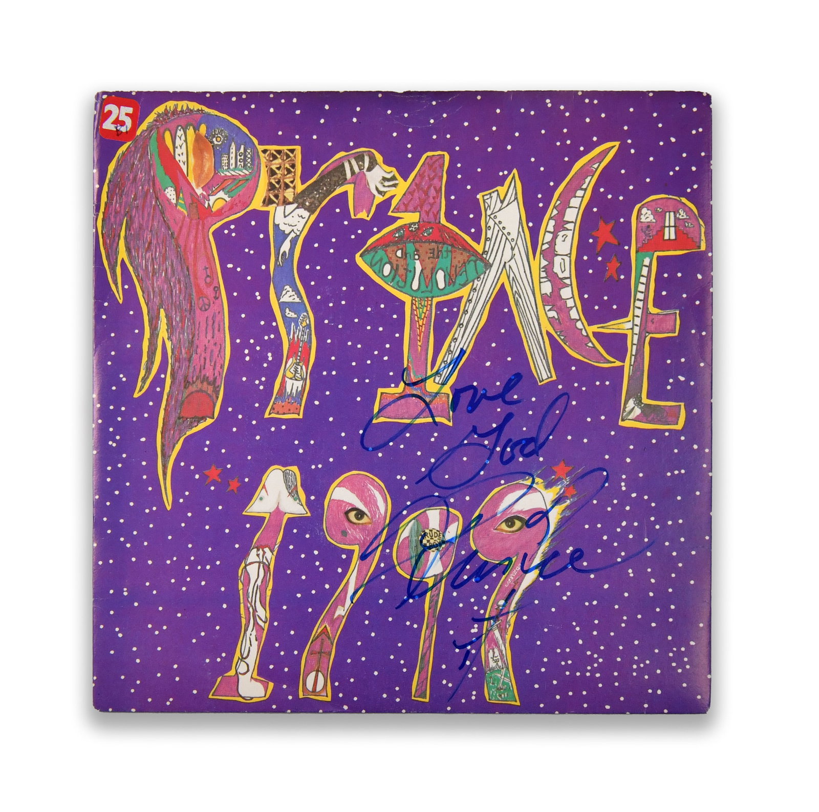 PRINCE 7-INCH SINGLE "1999", BEARING SIGNATURE: A 7-inch single titled "1999". The sleeve bears an ink mark. Dimensions: 7 x 7 in. All measurements are approximate.