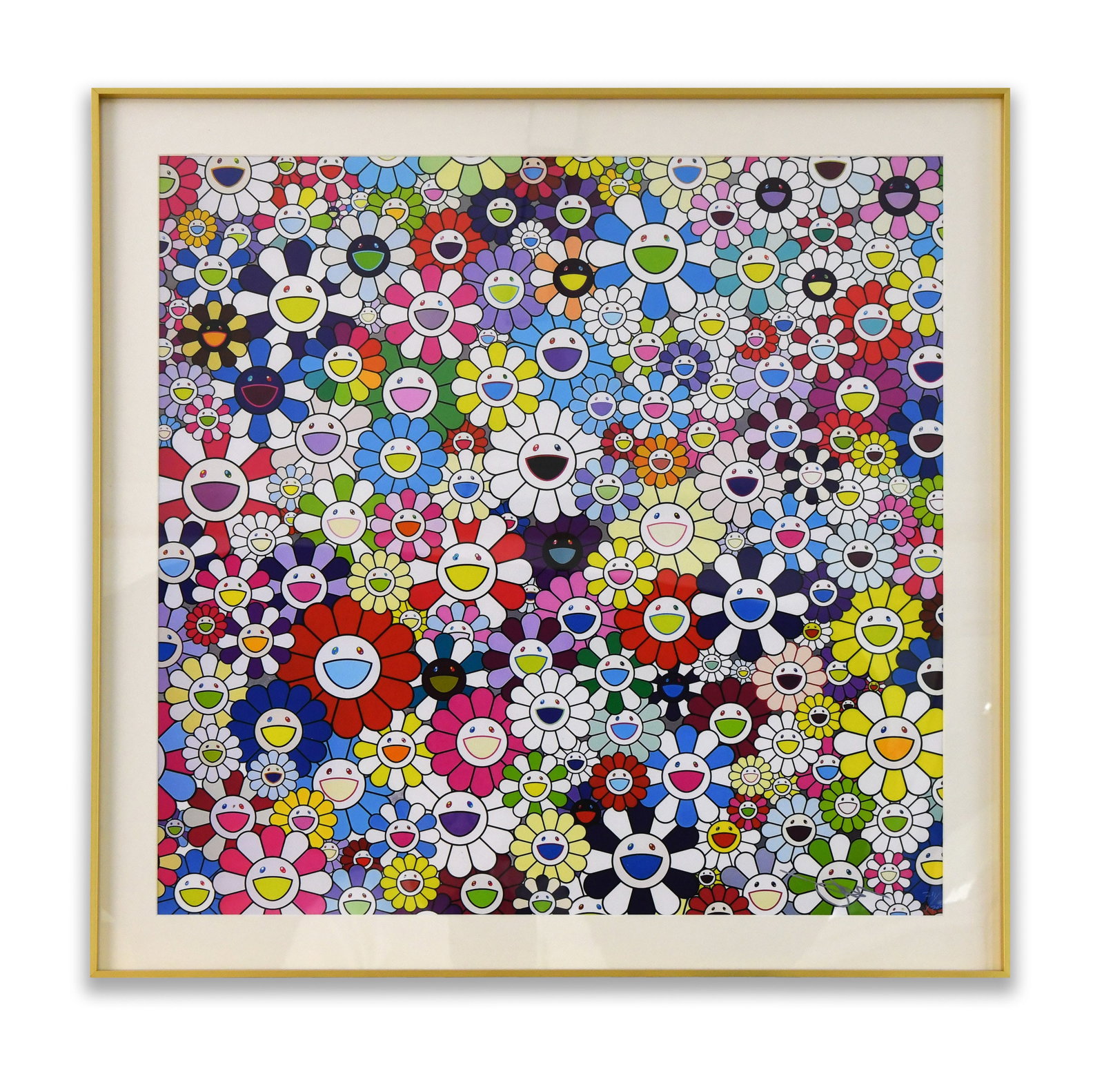 FLOWER FIELD, PRINT: A print depicting an edge-to-edge field of multicolored flowers with smiling faces against a dense patterned ground. Dimensions: Frame: 70 x 70 cm. All measurements are approximate.