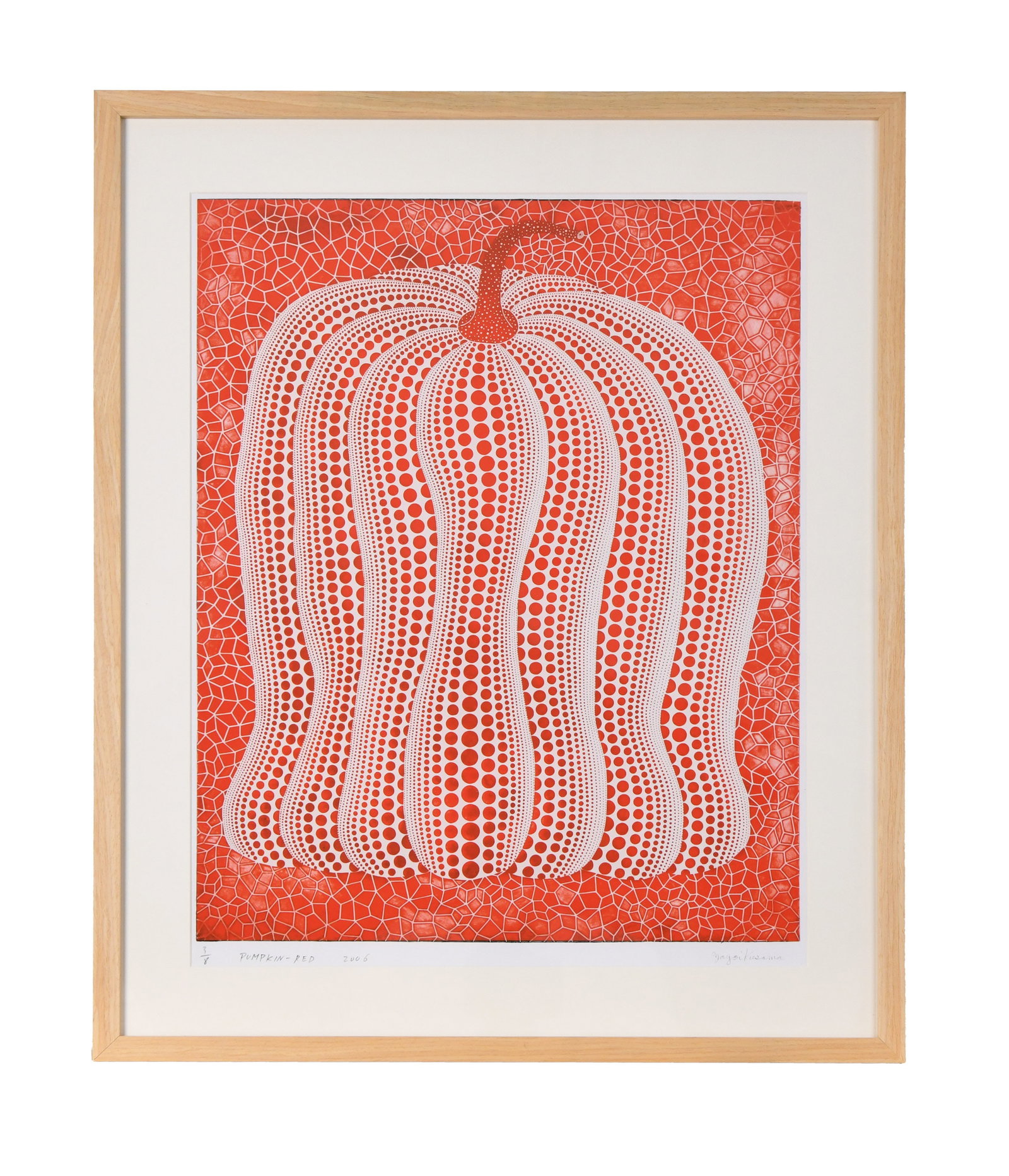 RED PUMPKIN, PRINT: A print depicting a stylized red pumpkin built from repeated dot and net patterns against a red patterned ground. Dimensions: Frame: 35 x 70 cm. All measurements are approximate.