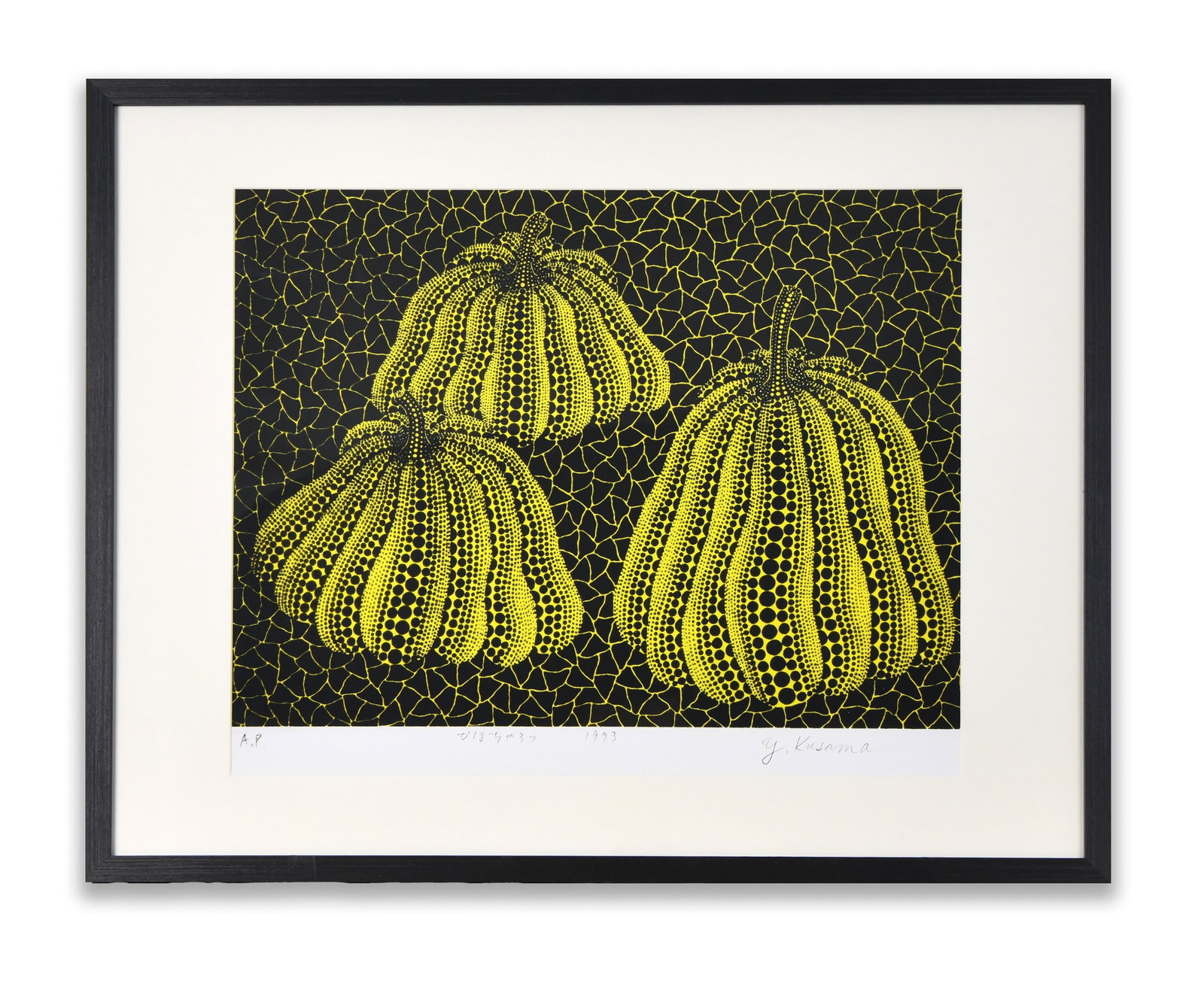 YELLOW PUMPKINS, PRINT: A print depicting three yellow pumpkins arranged across a dark net-like background. The lower margin bears a mark reading "Y. Kusama" at lower right. Dimensions: Frame: 50 x 70 cm. All measurements ar