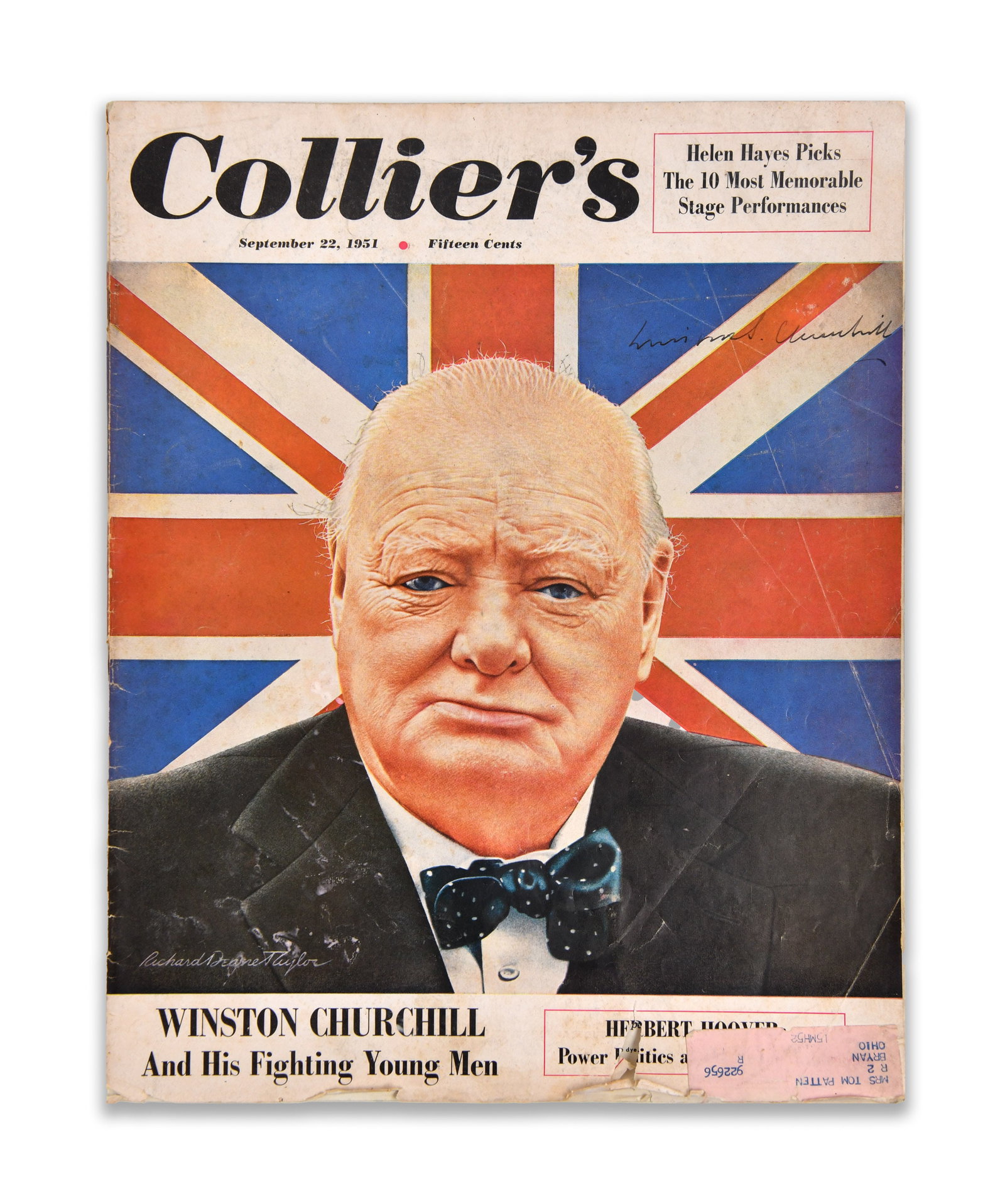 COLLIER'S MAGAZINE (WINSTON CHURCHILL), BEARING SIGNATURE: A Collier's magazine issue featuring Winston Churchill-related cover content. The cover bears an ink mark.