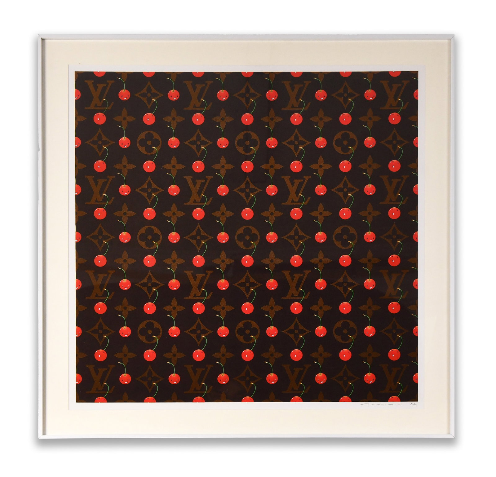 CHERRY PATTERN, PRINT: A print depicting a repeating cherry pattern within a dense monogram-like field. Dimensions: Frame: 70 x 70 cm. All measurements are approximate.
