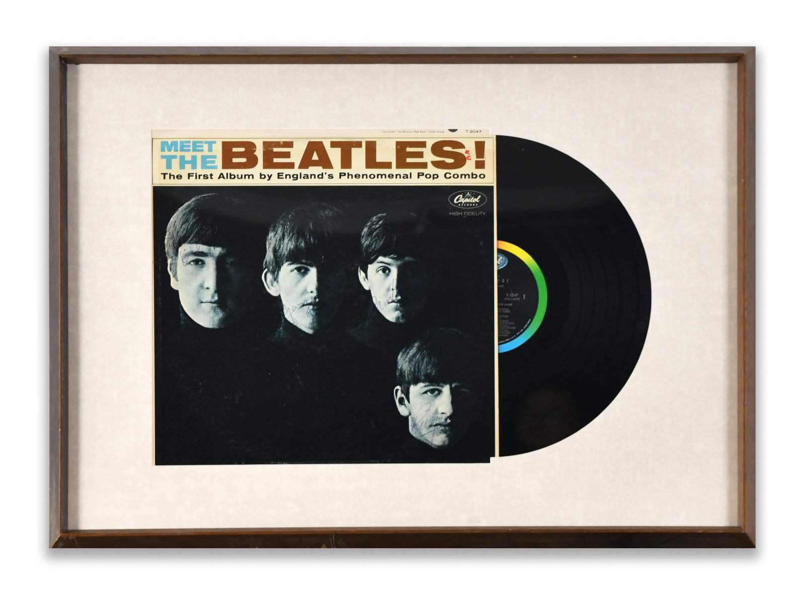 THE BEATLES FRAMED ALBUM DISPLAY "MEET THE BEATLES!", BEARING SIGNATURE: A framed album display for "Meet the Beatles!". The display bears multiple ink marks.