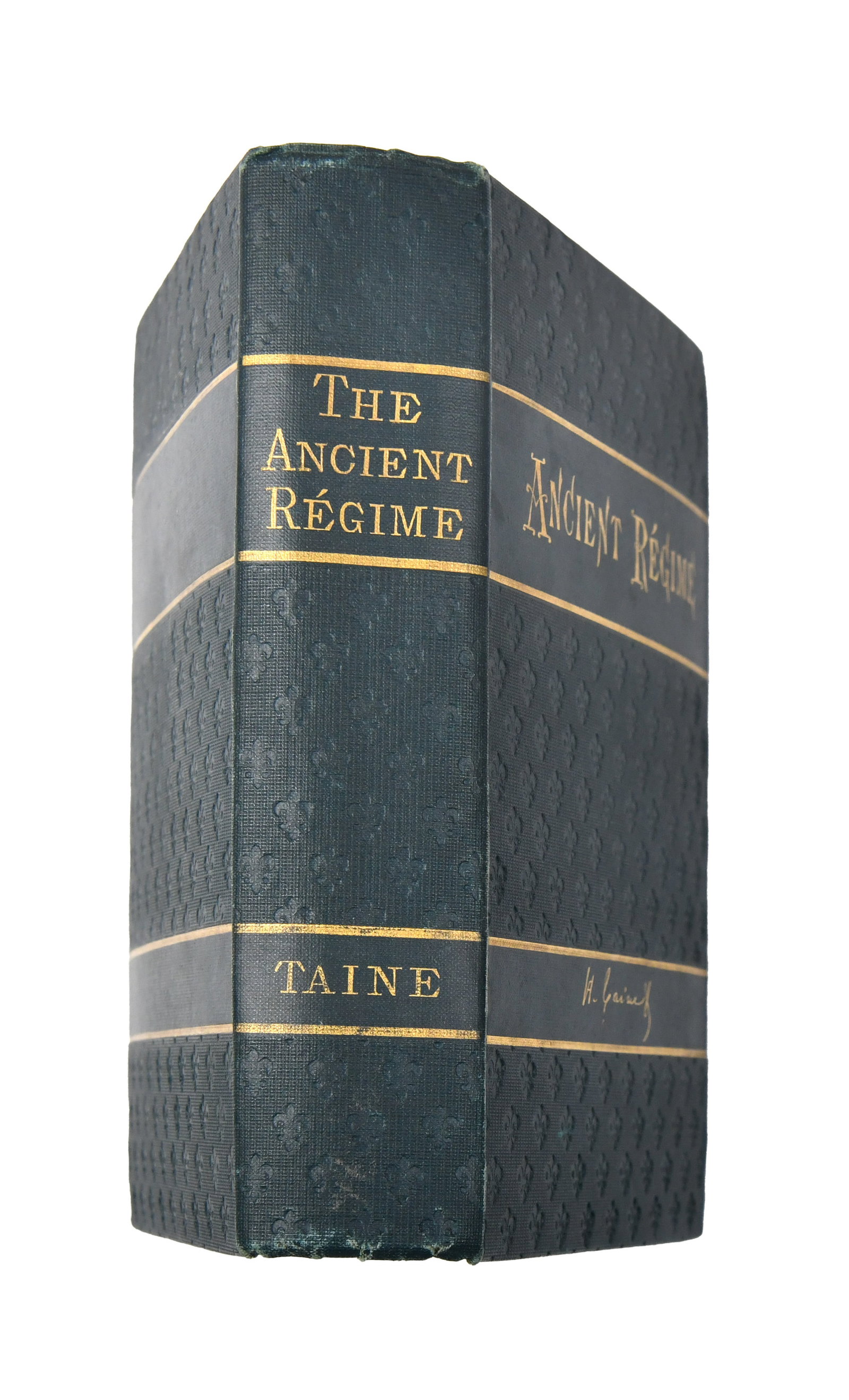 BOOK "THE ANCIENT REGIME", BEARING SIGNATURE READING 'MARK TWAIN': A book titled "The Ancient Regime" by Hippolyte Adolphe Taine. The front free endpaper bears an ink mark.