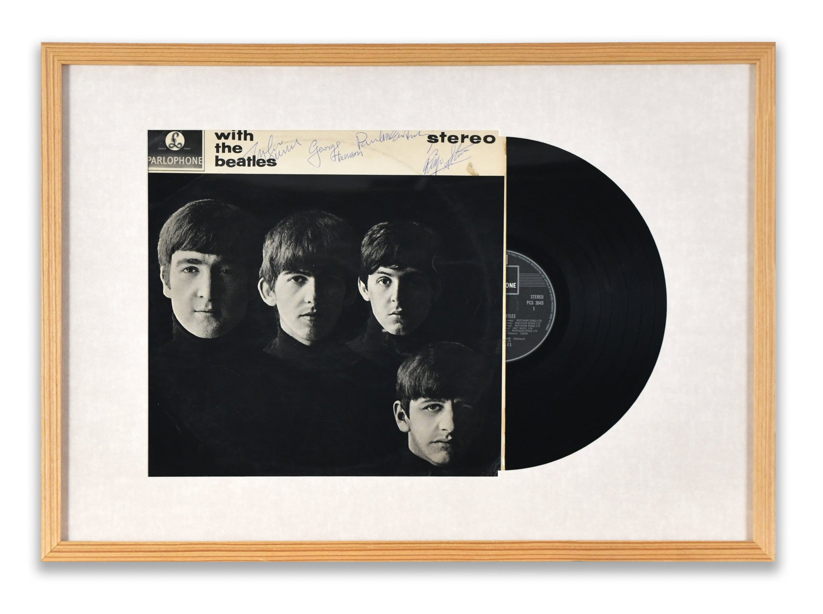 THE BEATLES FRAMED LP DISPLAY "WITH THE BEATLES", BEARING SIGNATURES: A framed LP display for "With the Beatles". The display bears multiple ink marks.