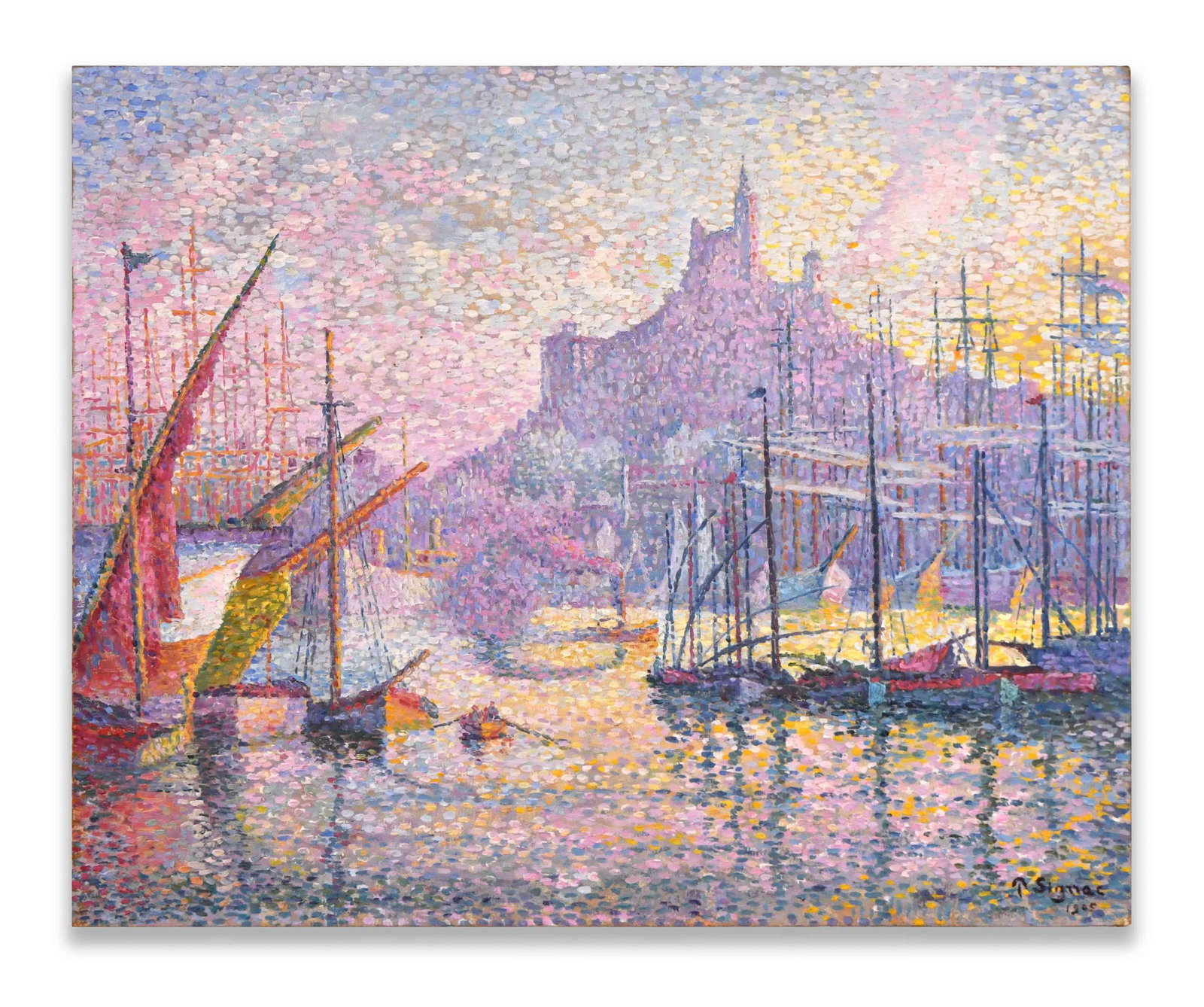 HARBOR VIEW, OIL ON CANVAS: An oil on canvas painting depicting a harbor view with boats, masts, water, and a luminous sky rendered in divided strokes of lilac, blue, yellow, and rose. The work bears an indistinct mark at lower