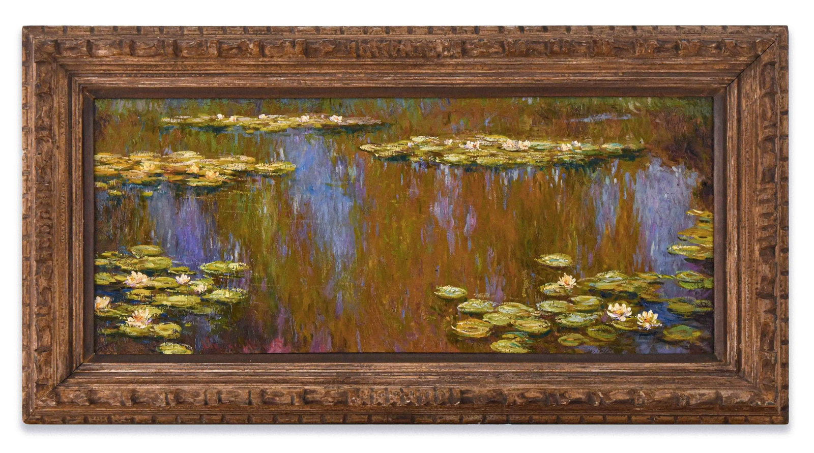 WATER LILIES, OIL ON CANVAS: An oil on canvas painting depicting water lilies on a reflective pond surface, with clustered lily pads and flower blossoms. Dimensions: Image: 37.5 x 91 cm; Frame: 56.5 x 110 cm. All measurements are