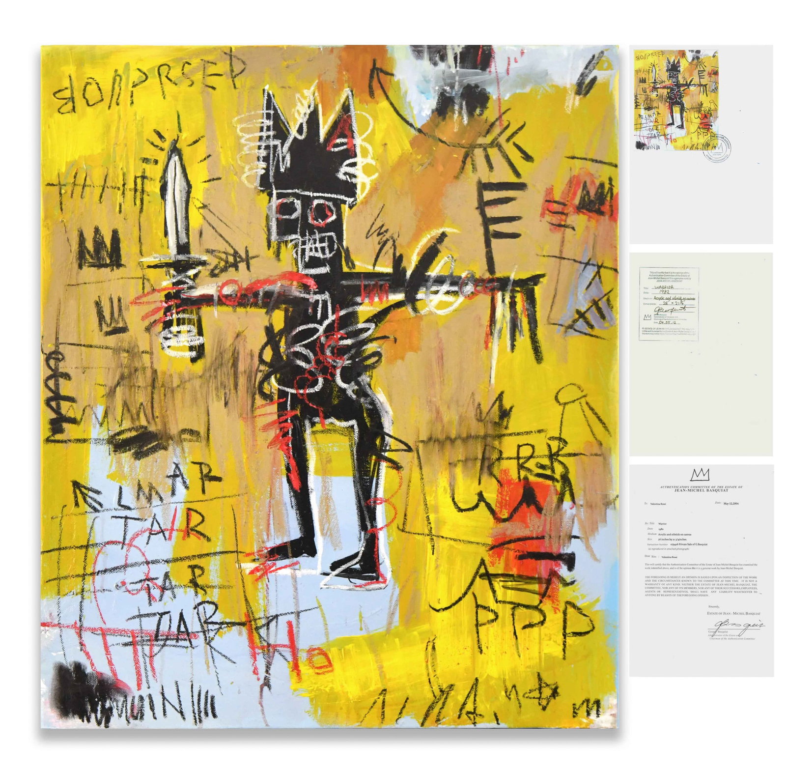 STYLIZED FIGURE WITH SWORD, ACRYLIC AND OILSTICK ON CANVAS: An acrylic and oilstick on canvas composition depicting a stylized black figure holding a sword against a yellow ground, with layered graphic marks and text-like elements. Dimensions: Image: 66.5 x 55