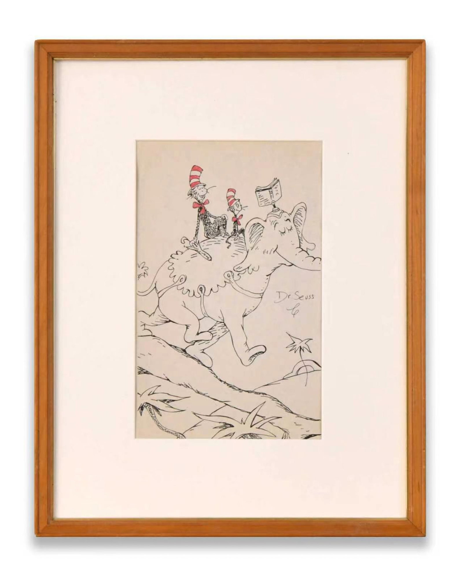 CAT IN THE HAT FIGURES RIDING AN ELEPHANT, INK AND COLOR ON PAPER (1 of 1)