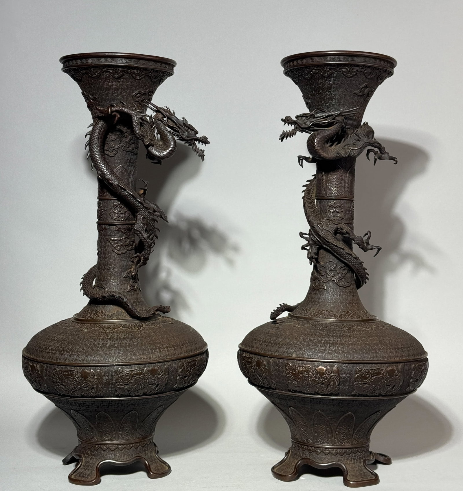 PAIR OF JAPANESE MEIJI BRONZE VASES WITH DRAGONS (1 of 12)