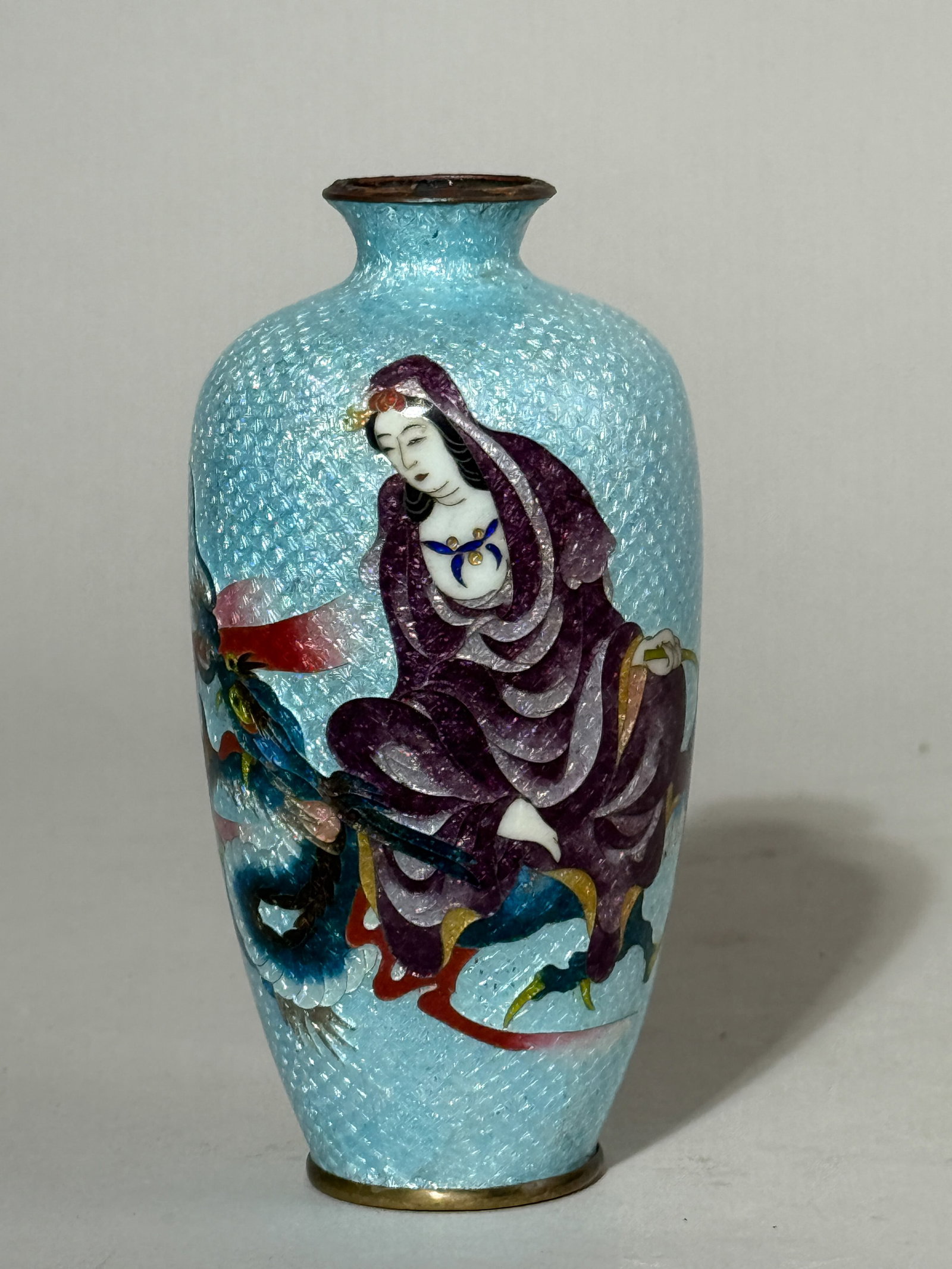 JAPANESE GINBARI CLOISONNE WITH KUANYIN: A Japanese ginbari cloisonne vase by Ito, depicting Kuanyin. Dimensions: Height: 5 in. (12.7 cm). Note: This item is in New York, where it can be shipped from.