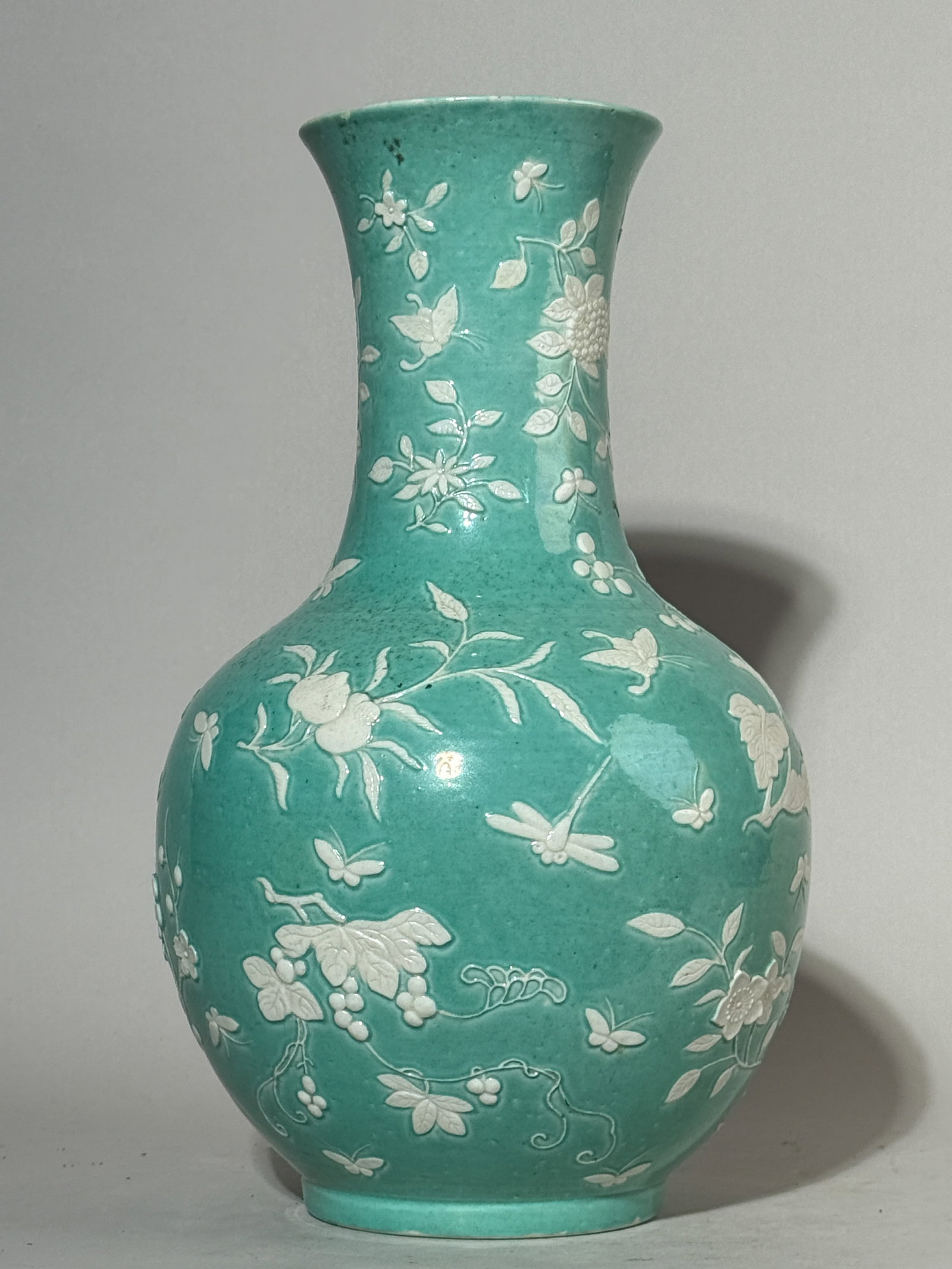 CHINESE TURQUOISE GLAZED PORCELAIN VASE WITH MOLDED FLORAL MOTIF (1 of 9)
