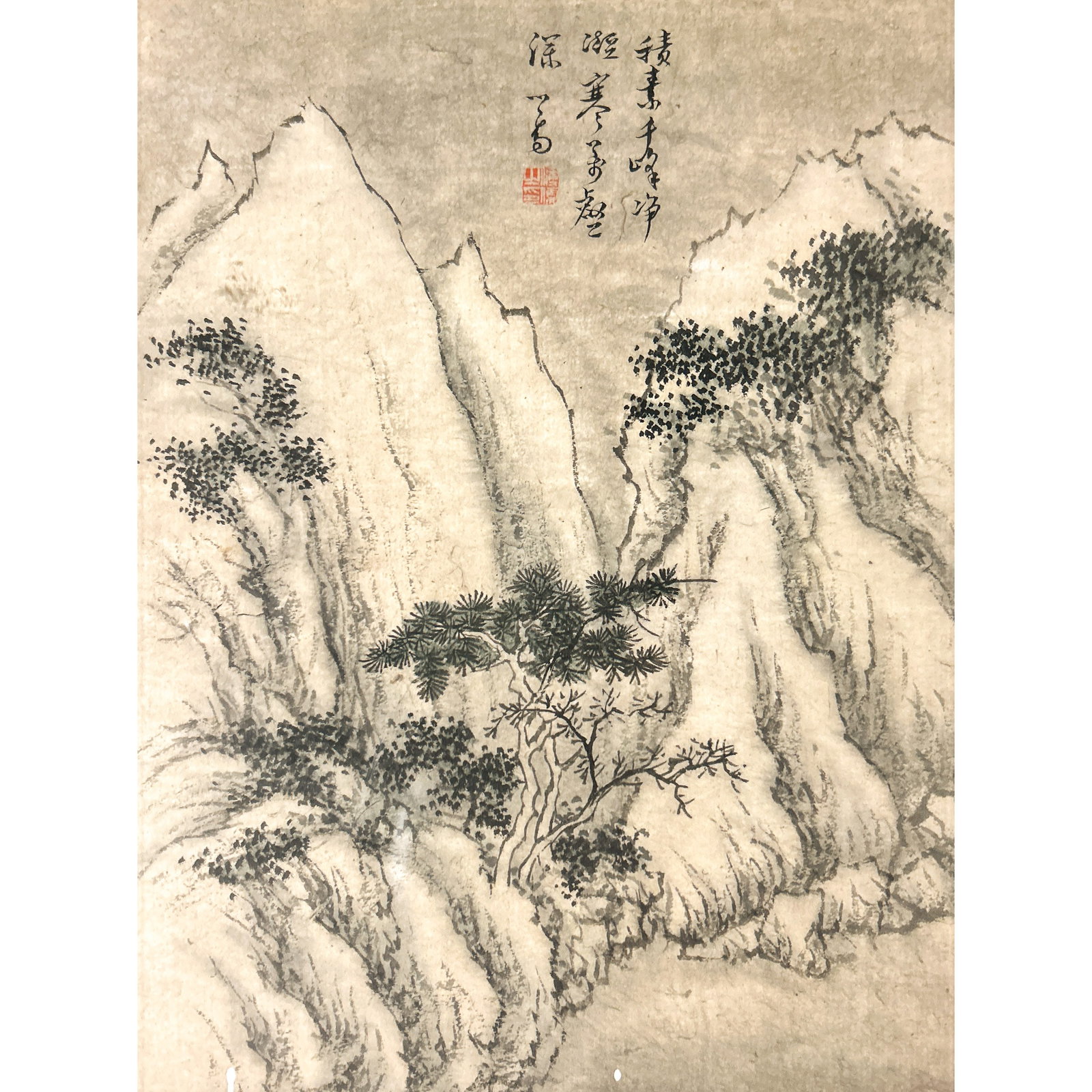ATTRIBUTED TO PU RU (1896-1963), CHINESE PAINTING OF LANDSCAPE: Attributed to Pu Ru (1896-1963), Chinese painting of landscape, ink and color on paper, depicting a landscape scene of white mountains and green pines, inscribed with a poem and signed Xinyu (1896-196
