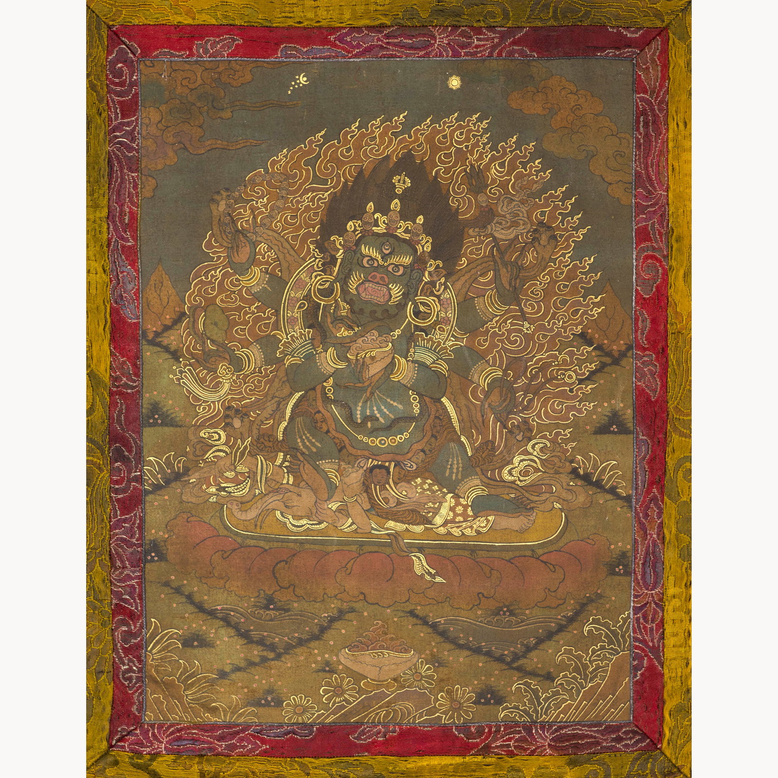 A THANGKA OF VAJRABHAIRAVA: Distemper on cloth, with silk mount, hanging scroll. H53.5 cm Provenance: Estate Sale from Reno, NV.