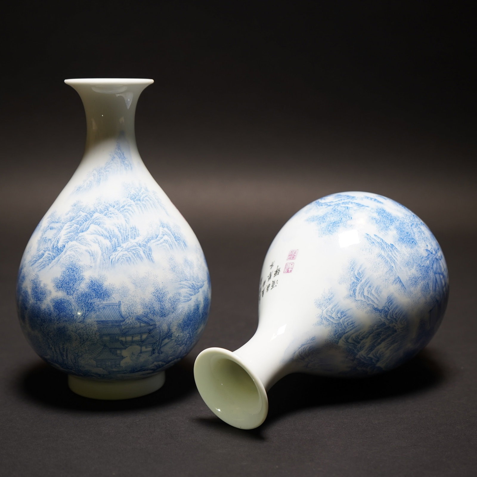 PAIR OF CHINESE BLUE PAINTED LANDSCAPE VASES, YUHUCHUNPING: Pair of Chinese blue painted landscape vases, yuhuchunping. H18 x 10.5 cm