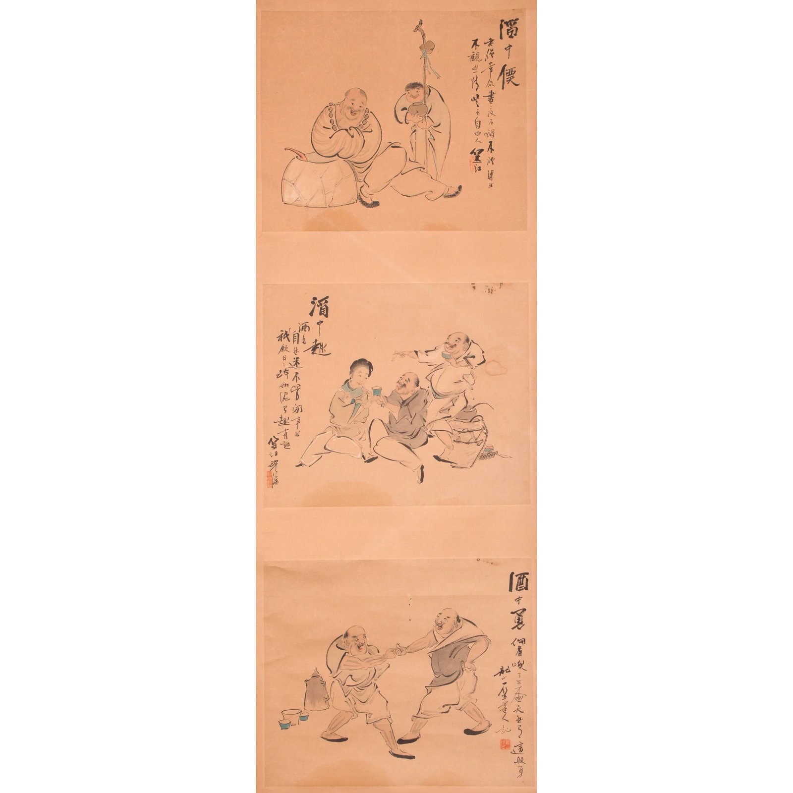 CHINESE SCROLL PAINTING: Chinese ink and color on paper hanging scroll painting of three parts, depicting people happily drinking, inscribed and signed with two artist's seals. Length: 43.5"; width: 15" Provenance: Bonhams.
