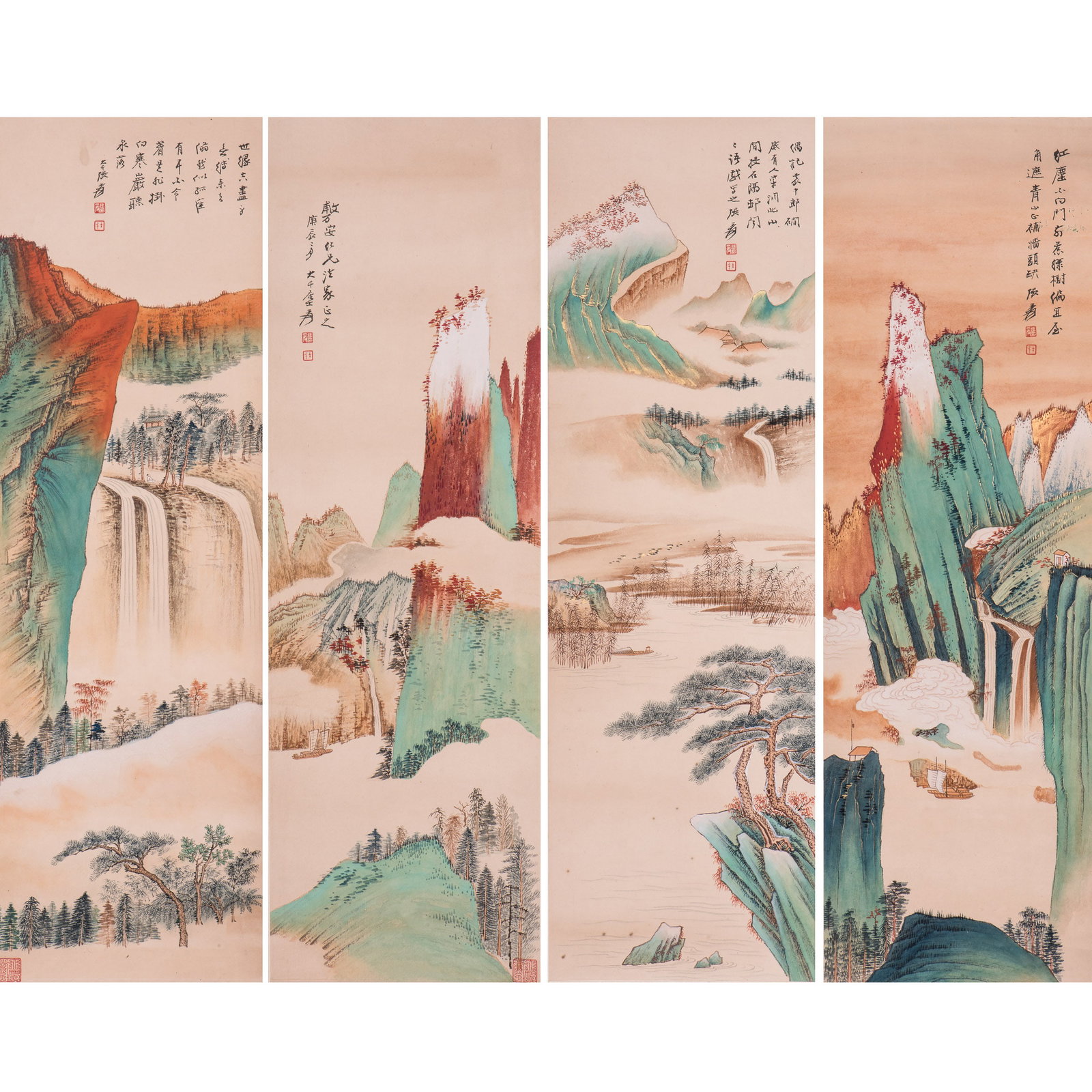 LOT OF FOUR AFTER ZHANG DAQIAN (1899-1983), CHINESE PAINTING SCROLLS OF LANDSCAPE: (lot of 4) After Zhang Daqian (1899-1983), Chinese painting scrolls of landscape. Ink and color on paper. 26"h x 8"w (66.04 x 20.32 cm) each