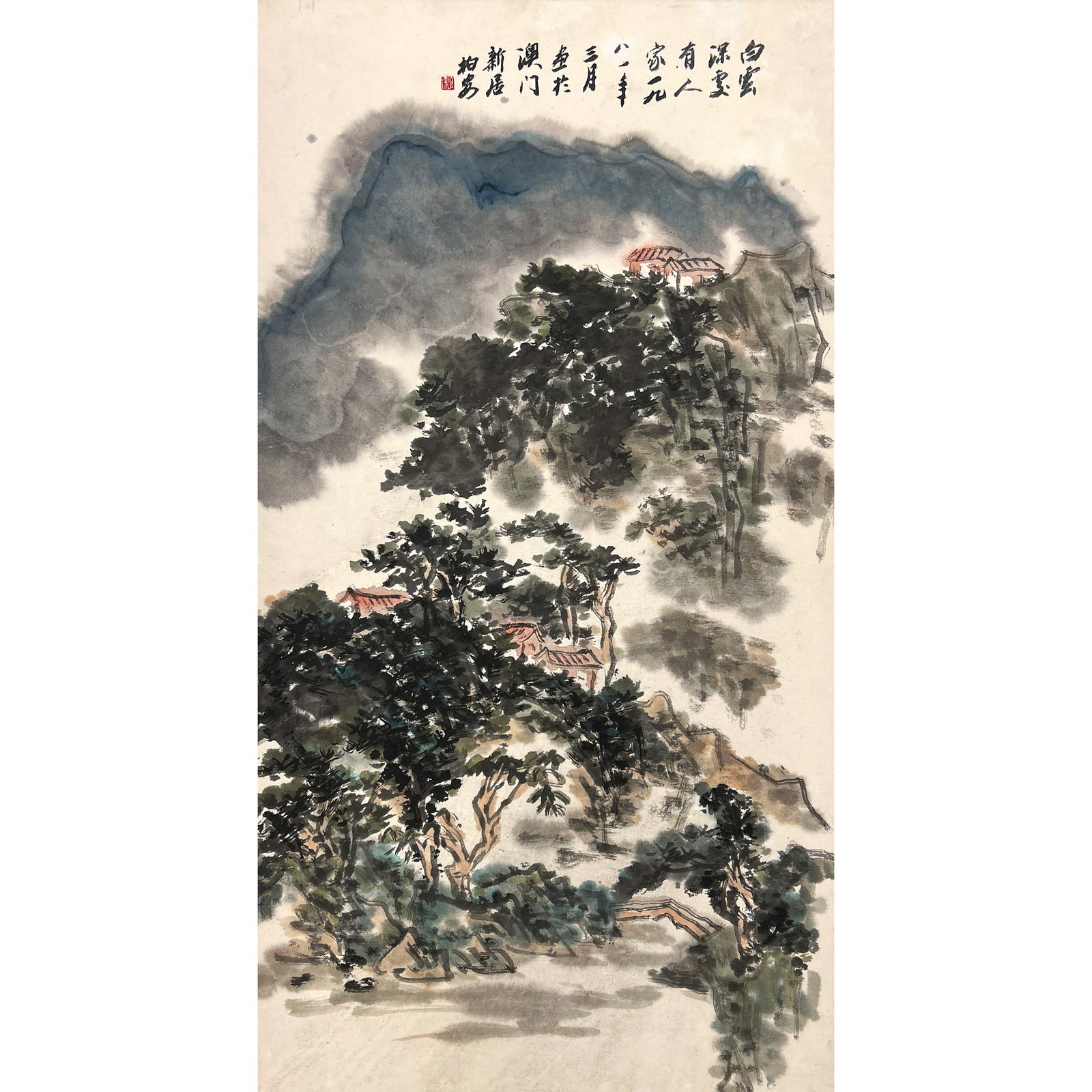LOU BAIAN (B. 1948), CHINESE PAINTING SCROLL OF LANDSCAPE: Lou Baian (b. 1948), Chinese painting scroll of landscape, ink and color on paper, mounted as hanging scroll. Image: 25.2"h x 13.39"w (64 x 34 cm)