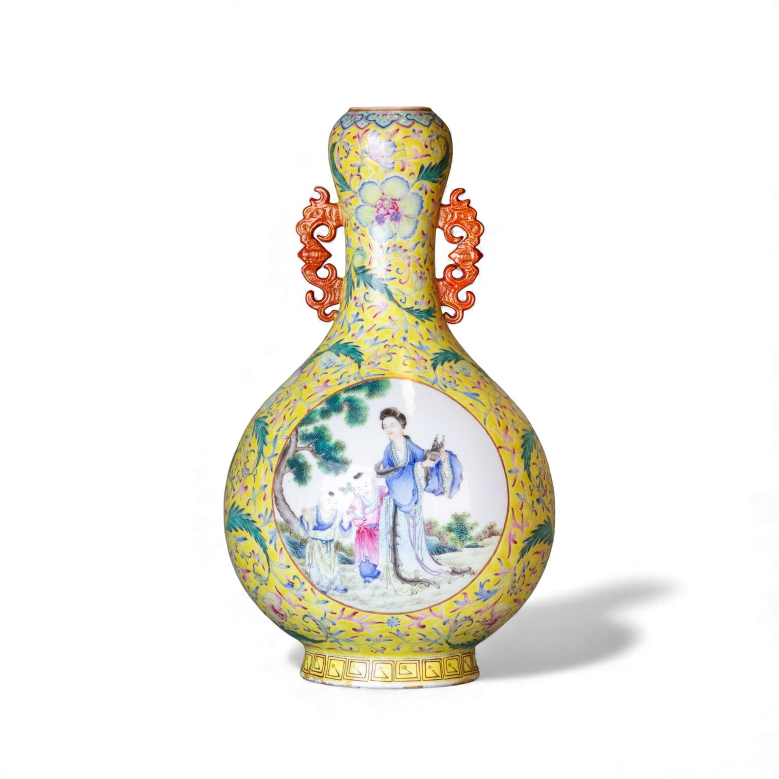 CHINESE YELLOW-GROUND FAMILLE ROSE "FIGURAL" VASE: Chinese yellow-ground famille rose "figural" vase. The vase has a bulbous body and a slender neck rising to a garlic-head mouth, and is covered on the exterior with yellow glaze. Finely enameled on