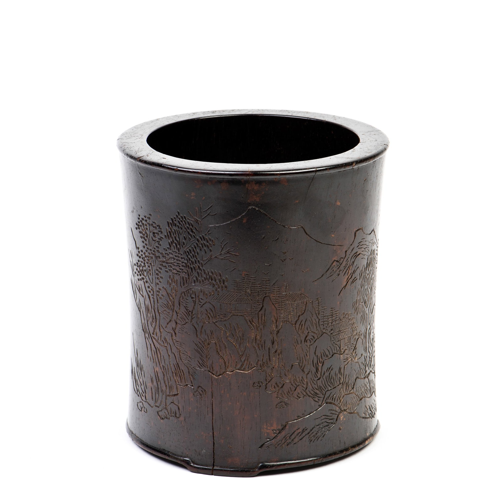 A SMALL ZITAN "LANDSCAPE" BRUSH POT: A small zitan "landscape" brush pot. 5.5"h x 5"w (13.97 x 12.7 cm)