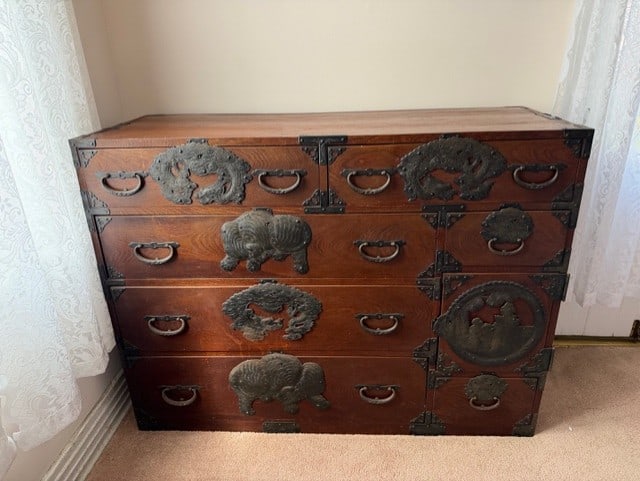 JAPANESE MEIJI-STYLE TANSU CHEST WITH EXTENSIVE IRON HARDWARE: Japanese Meiji-style Tansu chest with extensive iron hardware. H35" x W18" x L47" Provenance: Private collection of the Smith family, Santa Monica, California, by descent.