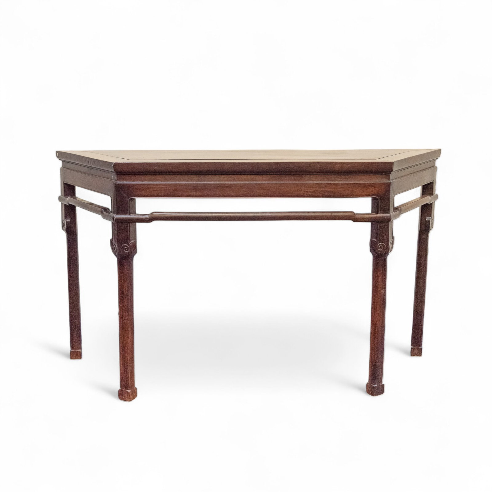 A CHINESE ZITAN TRAPEZOID TABLE (Y): A Chinese zitan trapezoid table (Y). 31.89"h x 56.69"w x 17.52"d (81 x 144 x 44.5 cm) (Y) Subject to CITES regulations when exporting items outside of the US.