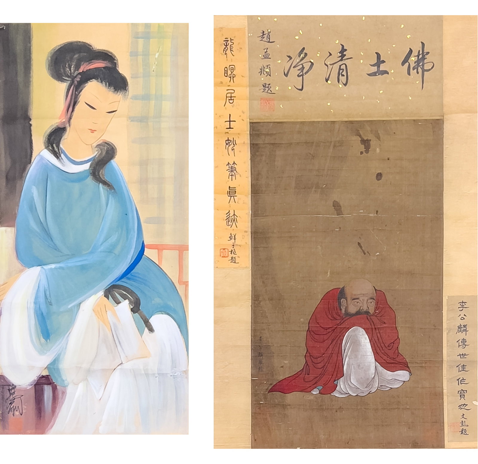 (LOT OF 2) AFTER LIN FENGMIAN AND LI GONGLIN, CHINESE PAINTING SCROLLS: (lot of 2) After Lin Fengmian and Li Gonglin, two Chinese painting scrolls, ink and color on paper, mounted. 24.8"h x 11.61"w (63 x 29.5 cm) (Lin Fengmian) 19.29"h x 11.42"w (49 x 29 cm)