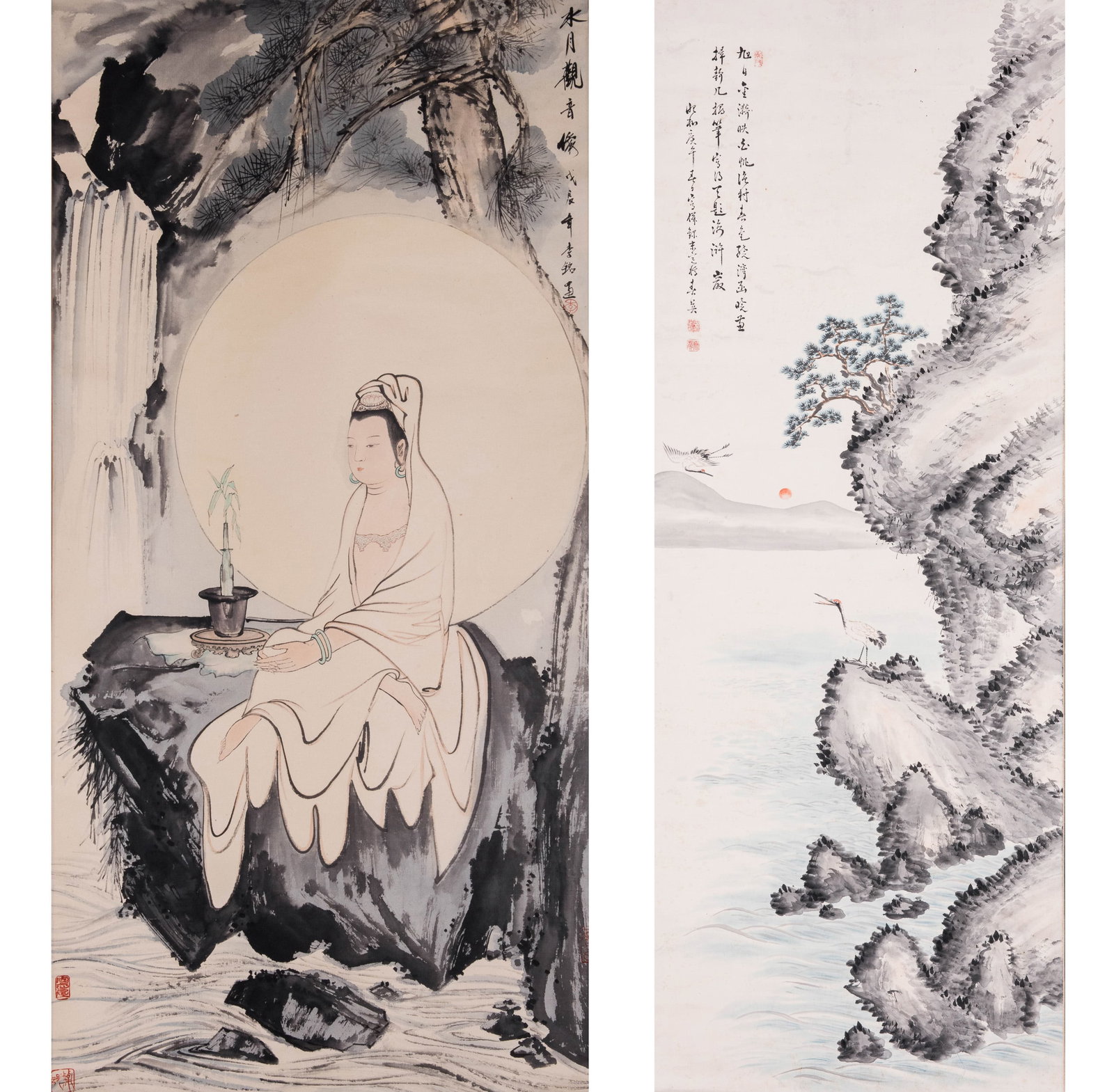 (LOT OF 2) ANONYMOUS (EARLY 20TH CENTURY), CHINESE PAINTINGS OF GUANYIN AND LANDSCAPE: (lot of 2) Anonymous (early 20th century), Chinese paintings of Guanyin and landscape, ink and color on paper, mounted as hanging scrolls. Image: 52.5"h x 23"w (133 x 66 cm); 52.5"h x 26"w (133 x 51