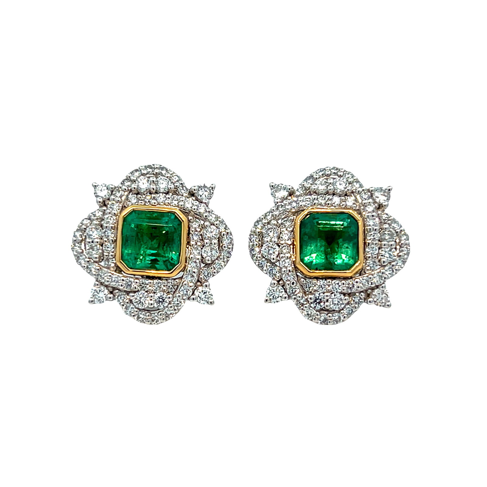 PLATINUM, EMERALD AND DIAMOND EARRINGS WITH AIGL REPORT: Platinum, emerald and diamond earrings with AIGL report. 8.5 grams platinum earrings set with 1.25 carats of diamonds and 2.42 carats of emerald (AIGL). Overall: 1.5 x 1.5 cm (x2)