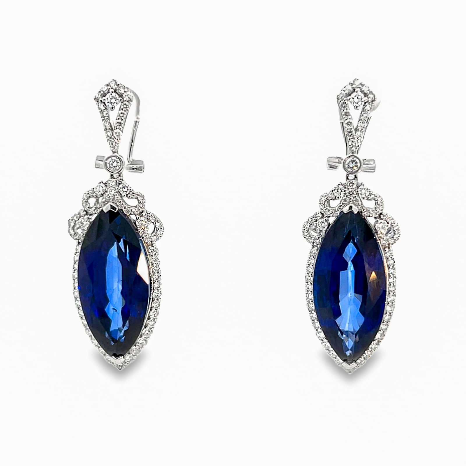14K GOLD, LAB SAPPHIRE AND DIAMOND EARRINGS WITH GGA REPORT: 14K gold, lab sapphire and diamond earrings with GGA report. 16.0 grams 14K gold earrings set with 1.84 carats of diamonds and 39.35 carats of lab-created sapphire. Overall: 4.5 x 1 cm (x2)