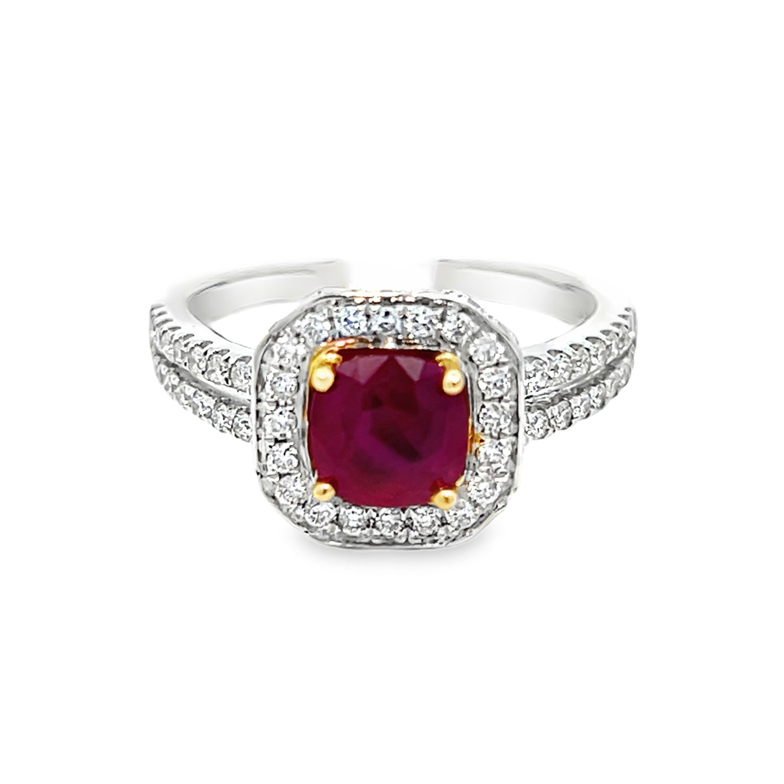 18K GOLD, BURMA RUBY AND DIAMOND RING WITH GGA & GIA: 18K gold, Burma ruby and diamond ring with GGA & GIA. 5.3 grams 18K gold ring set with 0.53 carats of diamonds and 1.16 carats of Burma ruby (GGA/GIA). Size: 6.75