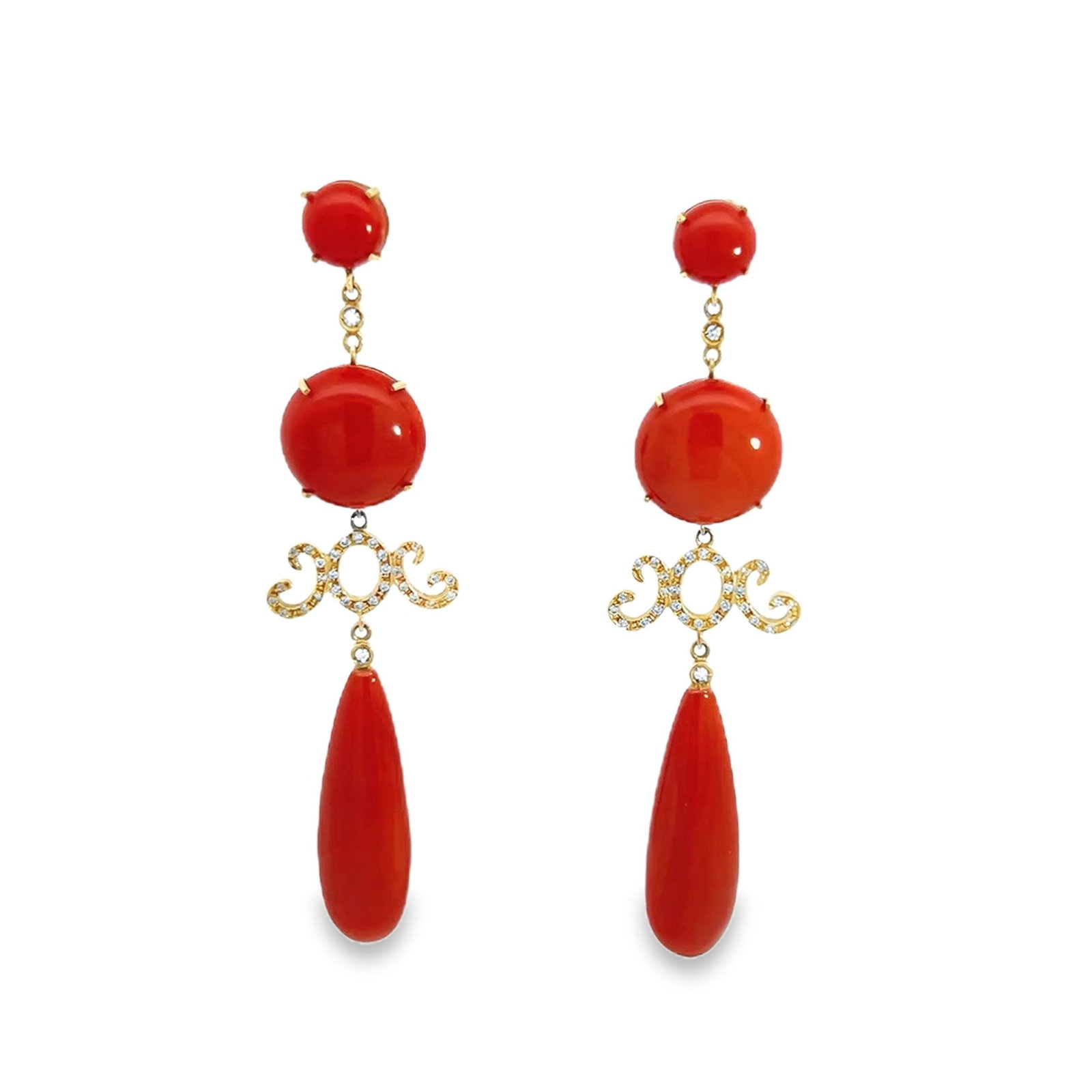 CORAL, DIAMOND AND 18K GOLD DROP EARRINGS: Coral, diamond and 18K gold drop earrings. Overall: 3.23"l (8.2 cm) Round: 0.31"d (0.8 cm) (x2) Round: 0.59"d (1.5 cm) (x2) Oval: 1.3"h x 0.43"w (3.3 x 1.1 cm) (x2)