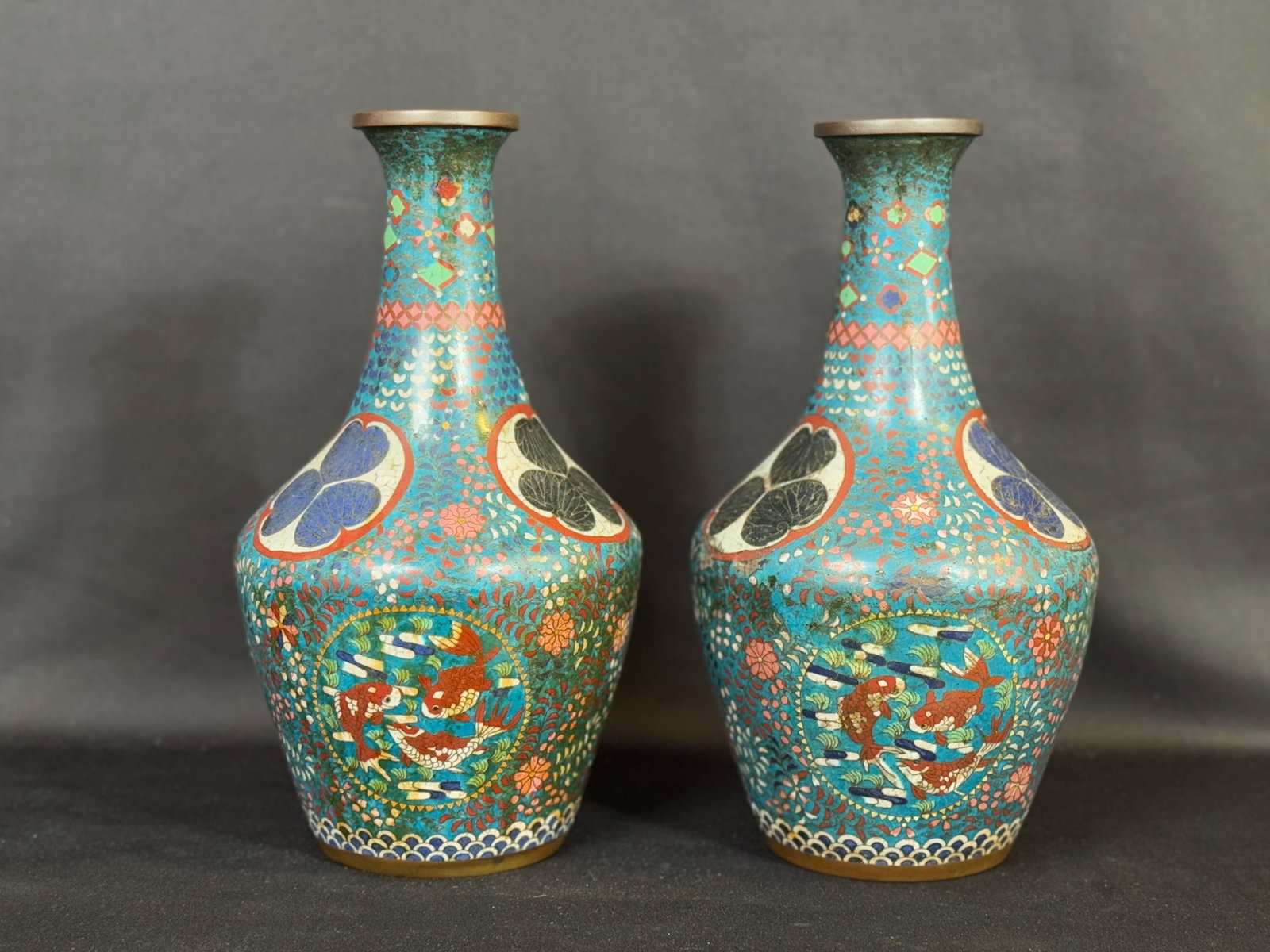 PAIR JAPANESE EARLY CLOISONNE VASES FROM TOKUGAWA FAMILY (1 of 11)