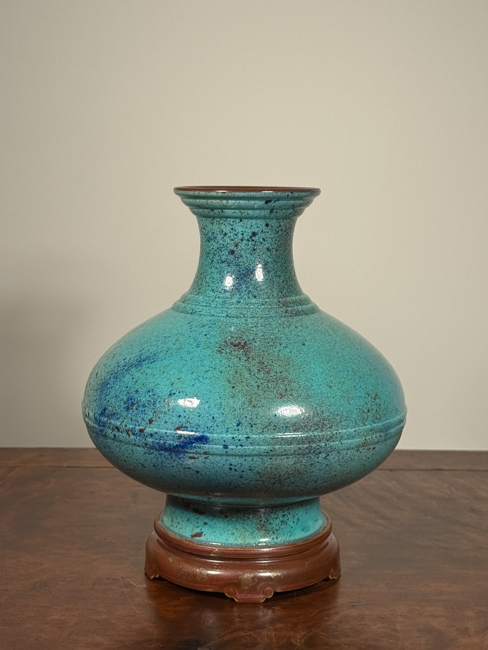 CHINESE ROBIN'S-EGG BLUE PORCELAIN VASE WITH BROWN BASE (1 of 10)