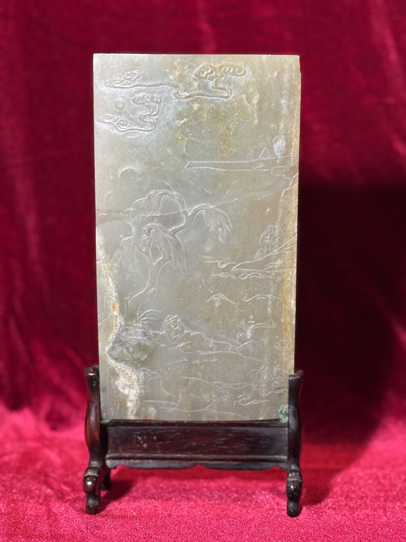 CHINESE CELADON JADE SCHOLAR INK SCREEN: Chinese celadon jade ink screen. Dimensions: Height: 9.75 in. (24.8 cm); Width: 4.75 in. (12.1 cm). Note: This item is in New York, where it can be shipped from.